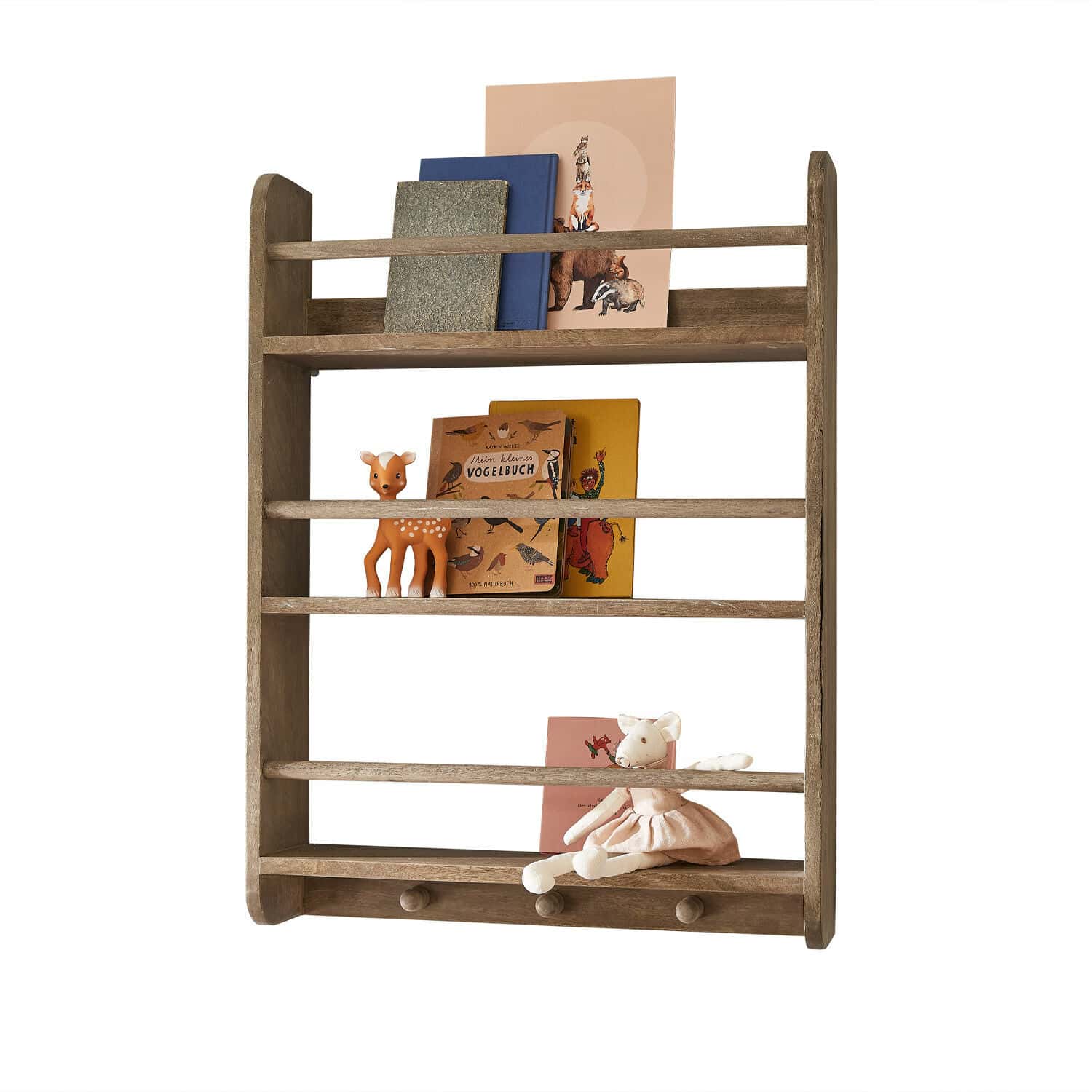 Wandrek Quenby Houten wandrek in natuurlijke kleur met boeken en speelgoed, praktische kinderopslag