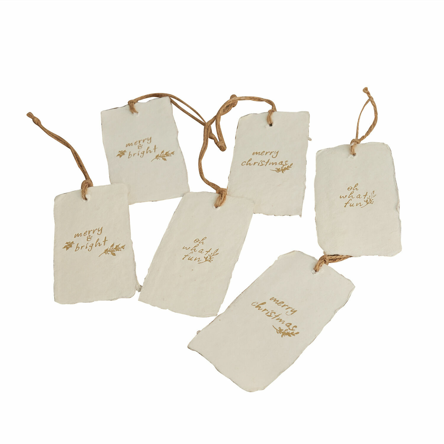 Hanger set van 6 Aamira Set van zes witte papieren kerstlabels met bruine teksten en koordjes voor decoratie