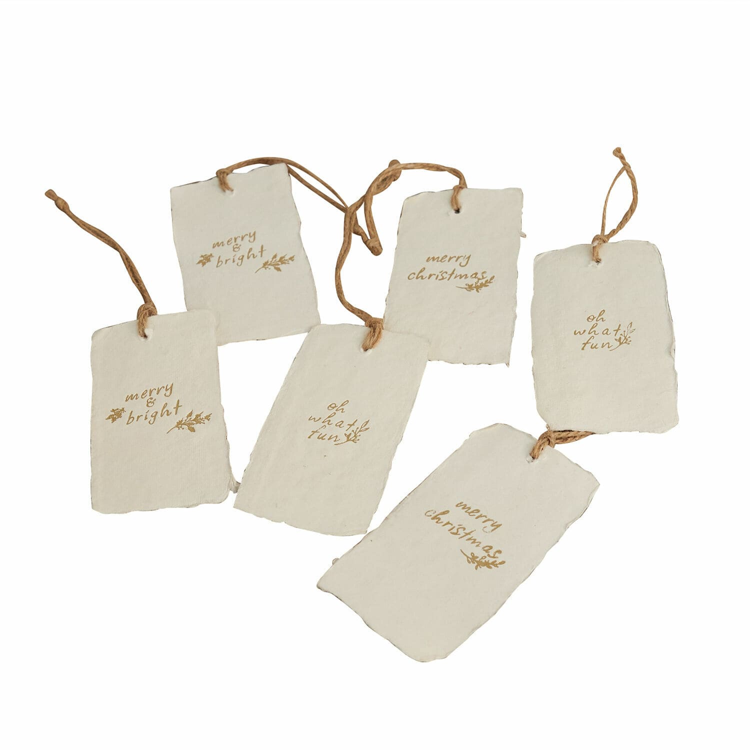 Hanger set van 6 Aamira Set van zes witte papieren kerstlabels met bruine teksten en koordjes voor decoratie