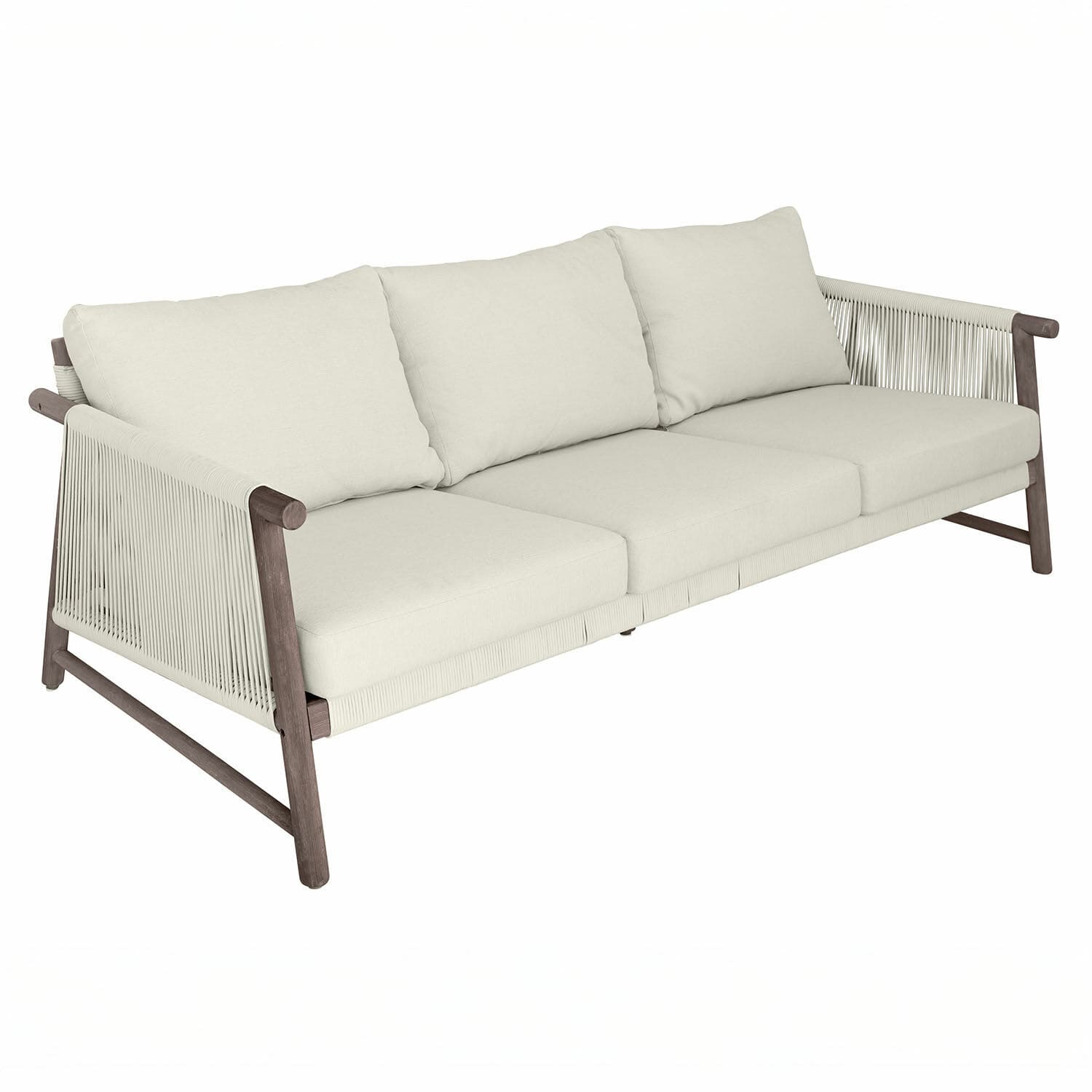 Bank FSC®-100% Clarmontaine Driezitsbank met beige stof en houten frame, modern zitmeubel voor woonkamer