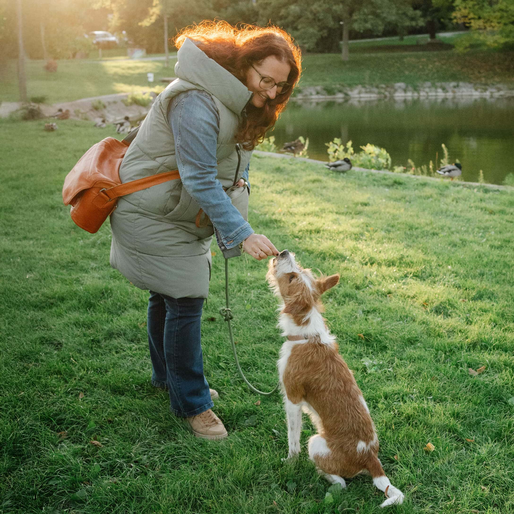 Vrouw in groene bodywarmer en blauwe spijkerbroek voert hond op groen gras in park bij zonlicht