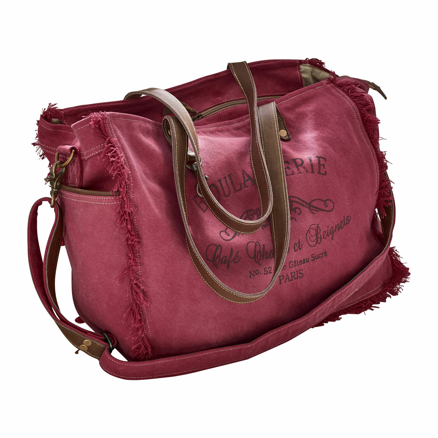 Tas Anoush Reistas van rood canvas met bruine leren handvatten en vintage boulangerie-opdruk