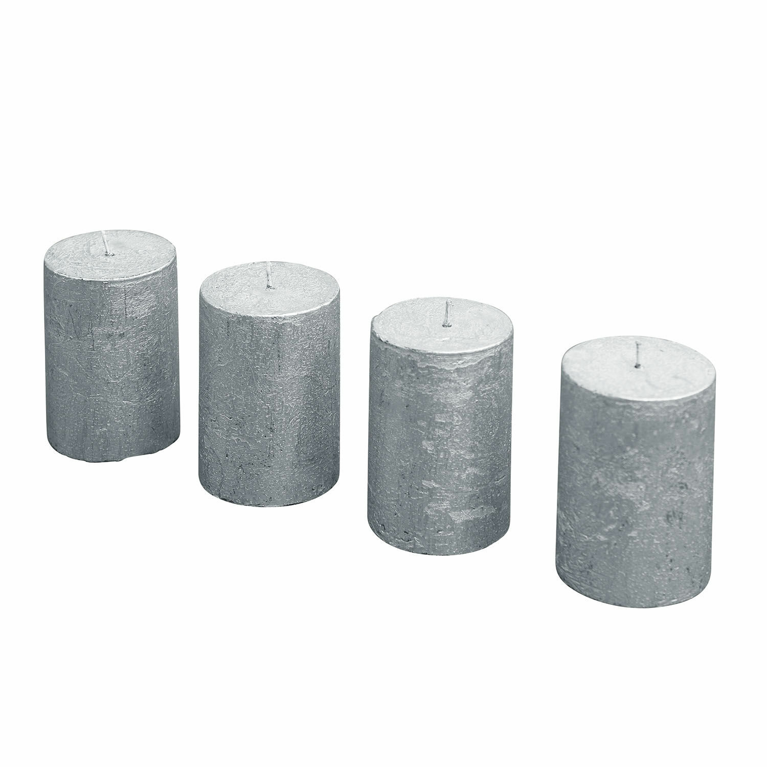 Set van 4 zilverkleurige cilindervormige kaarsen met metallic afwerking voor interieurdecoratie
