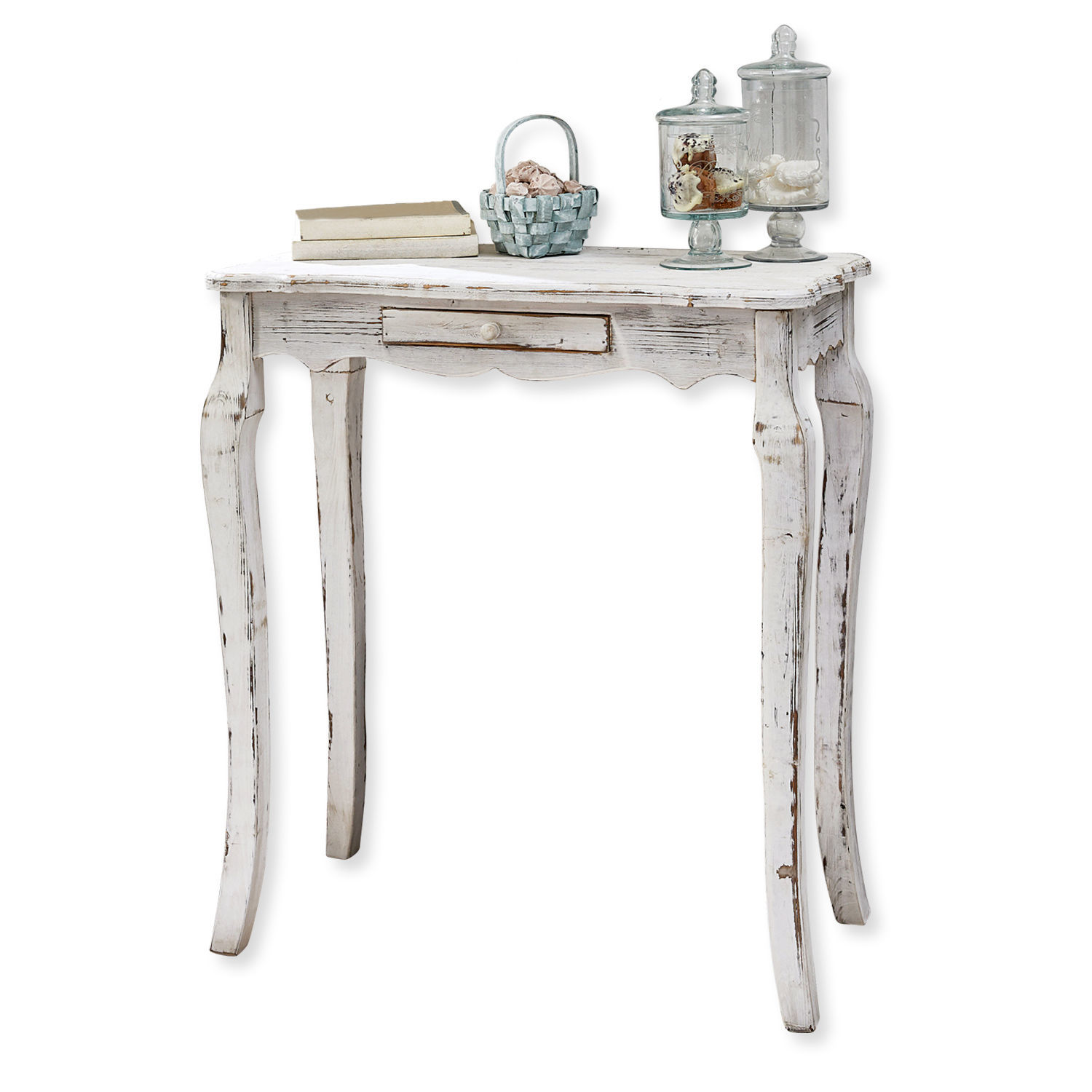 Sidetable Barbey Witte houten vintage console met lade, gedecoreerd met boeken en glazen potten