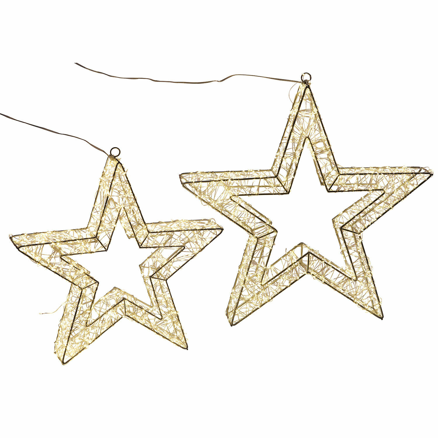 Set van twee decoratieve sterren van draad met warmwitte LED-verlichting om op te hangen
