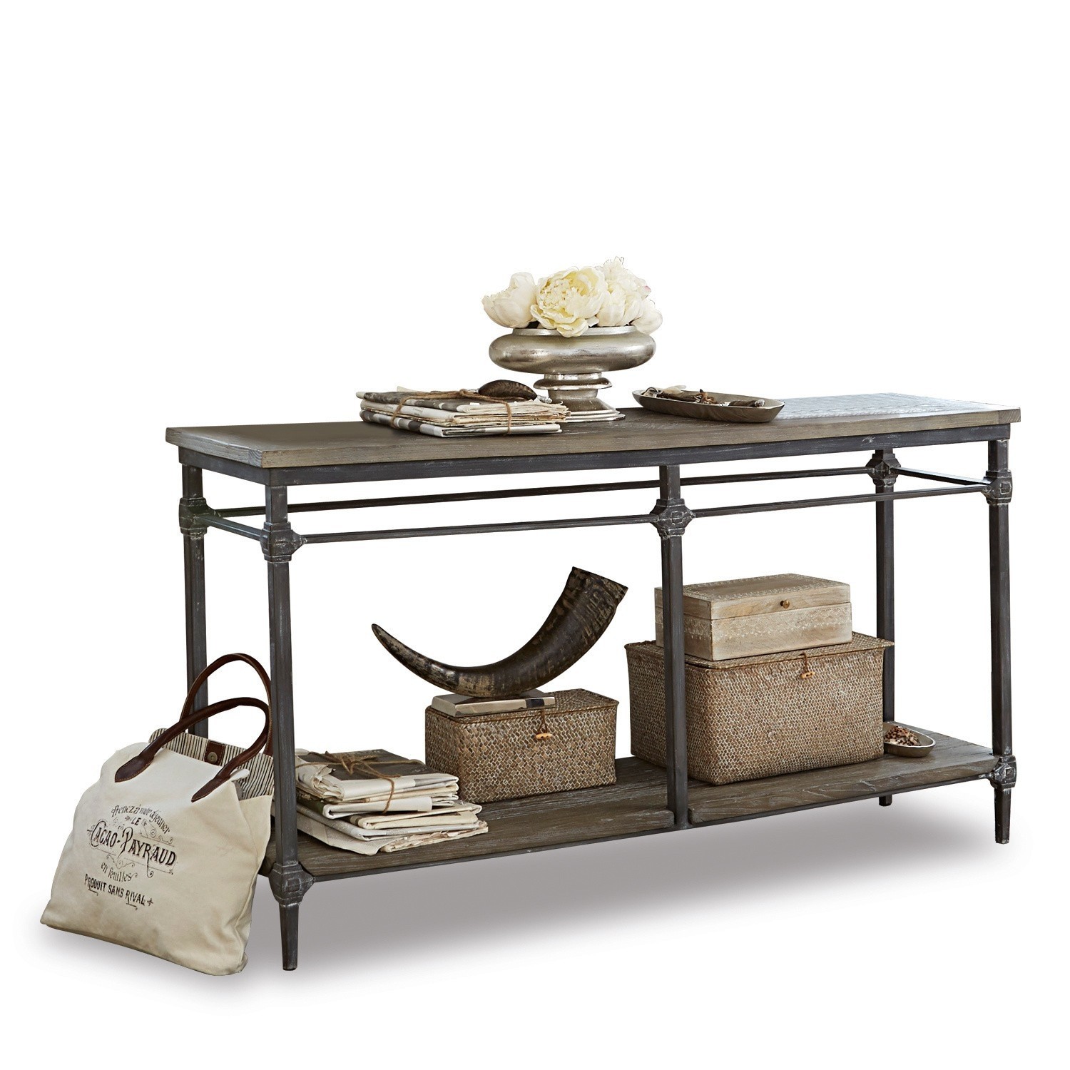 Sidetable Caspian Tafel met metalen frame en grijs houten blad, versierd met opbergdozen en accessoires