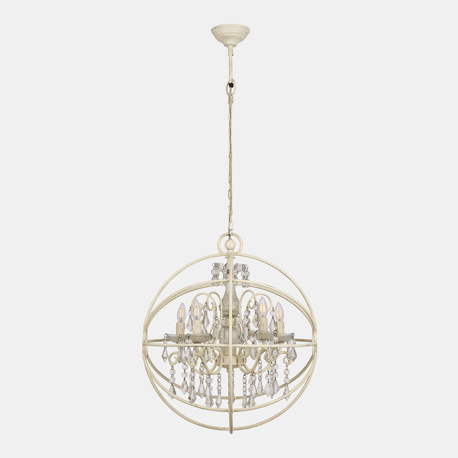 Hanglamp Élivienne Kogelvormige metalen kroonluchter in crèmekleur met kristallen hangers en LED-lampen
