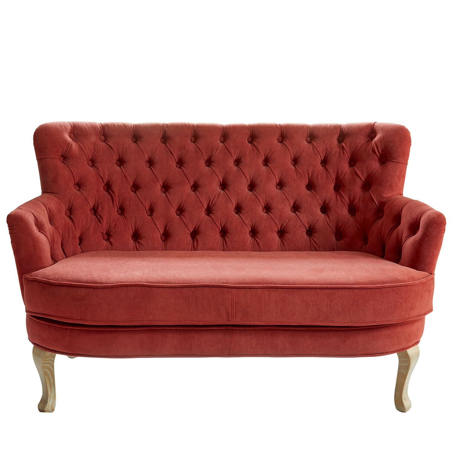 Rode gestoffeerde Calgary bank met doorgestikte rugleuning en houten poten, comfortabele woonkamermeubel