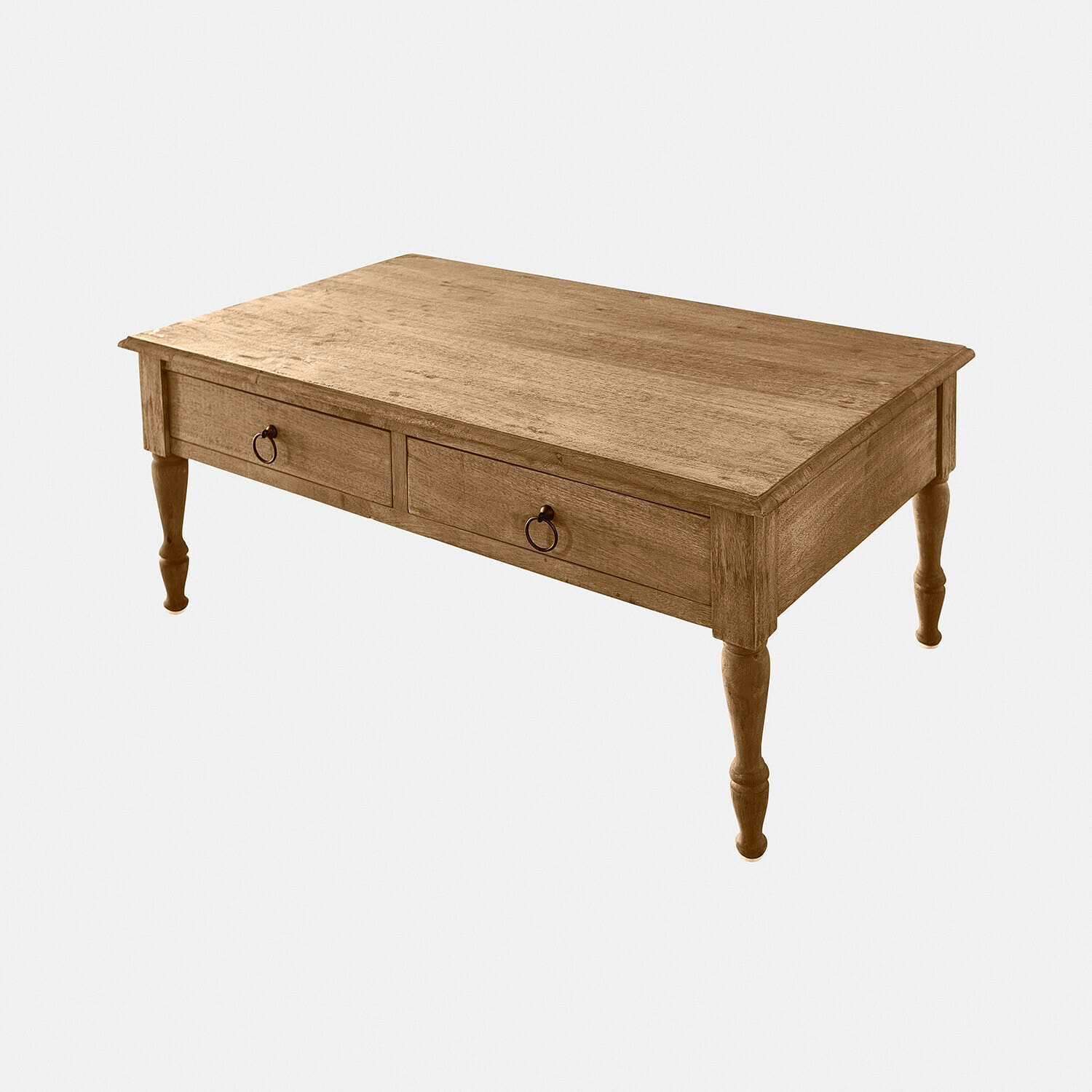 Salontafel van mangohout in natuurlijke kleur met twee lades en decoratieve ronde handgrepen