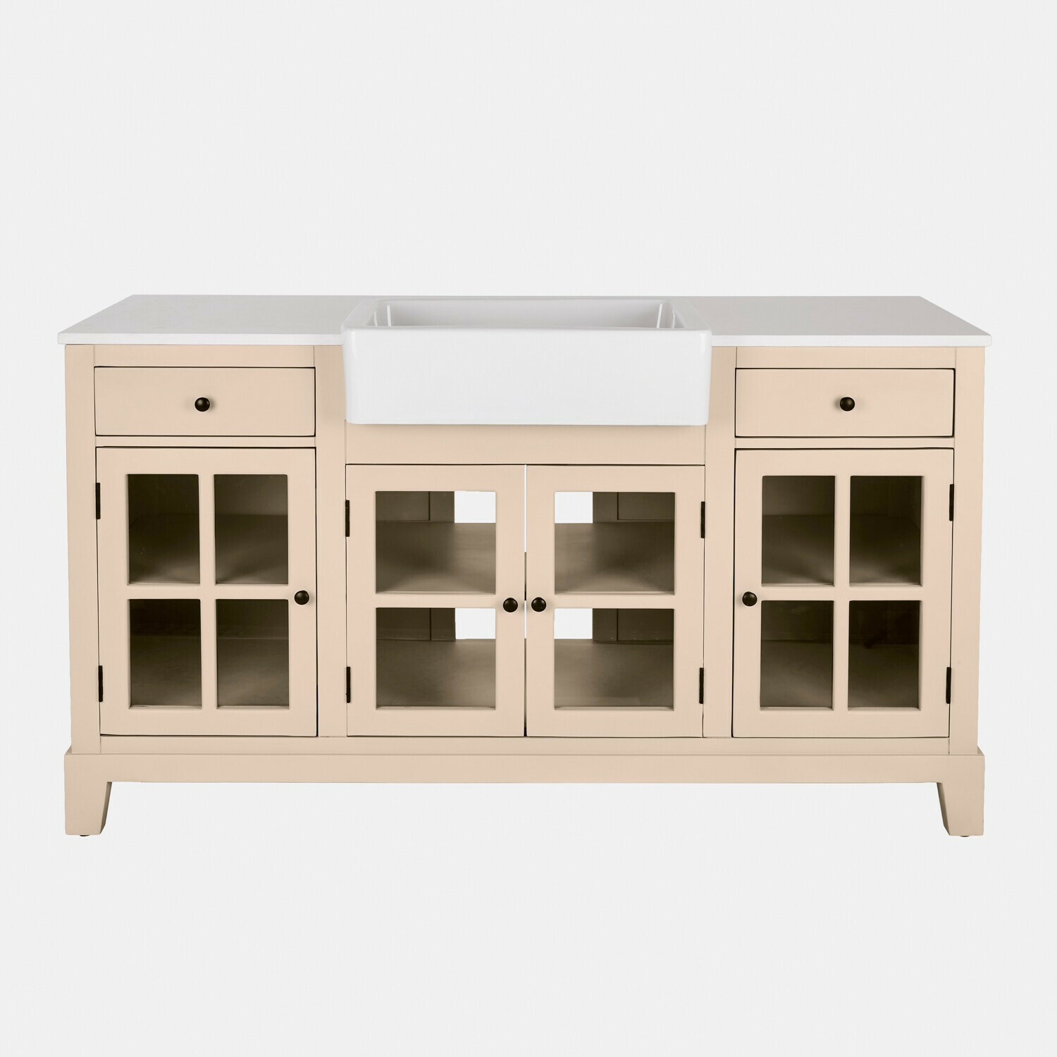 Gootsteenkast Domérise Beige keukenkast met witte keramische gootsteen en glazen houten deuren