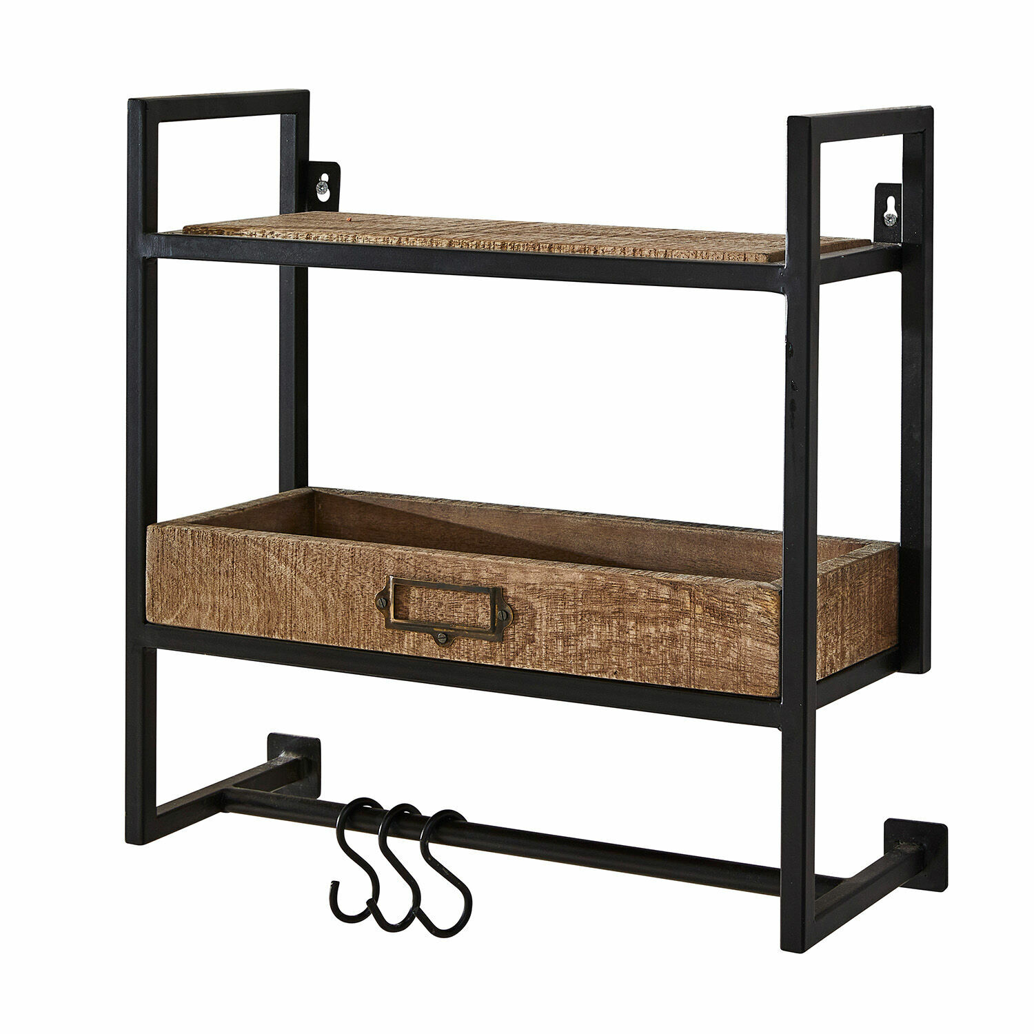 Wandrek Taylors Island Zwart metalen wandrek met houten plank en haken om accessoires aan op te hangen