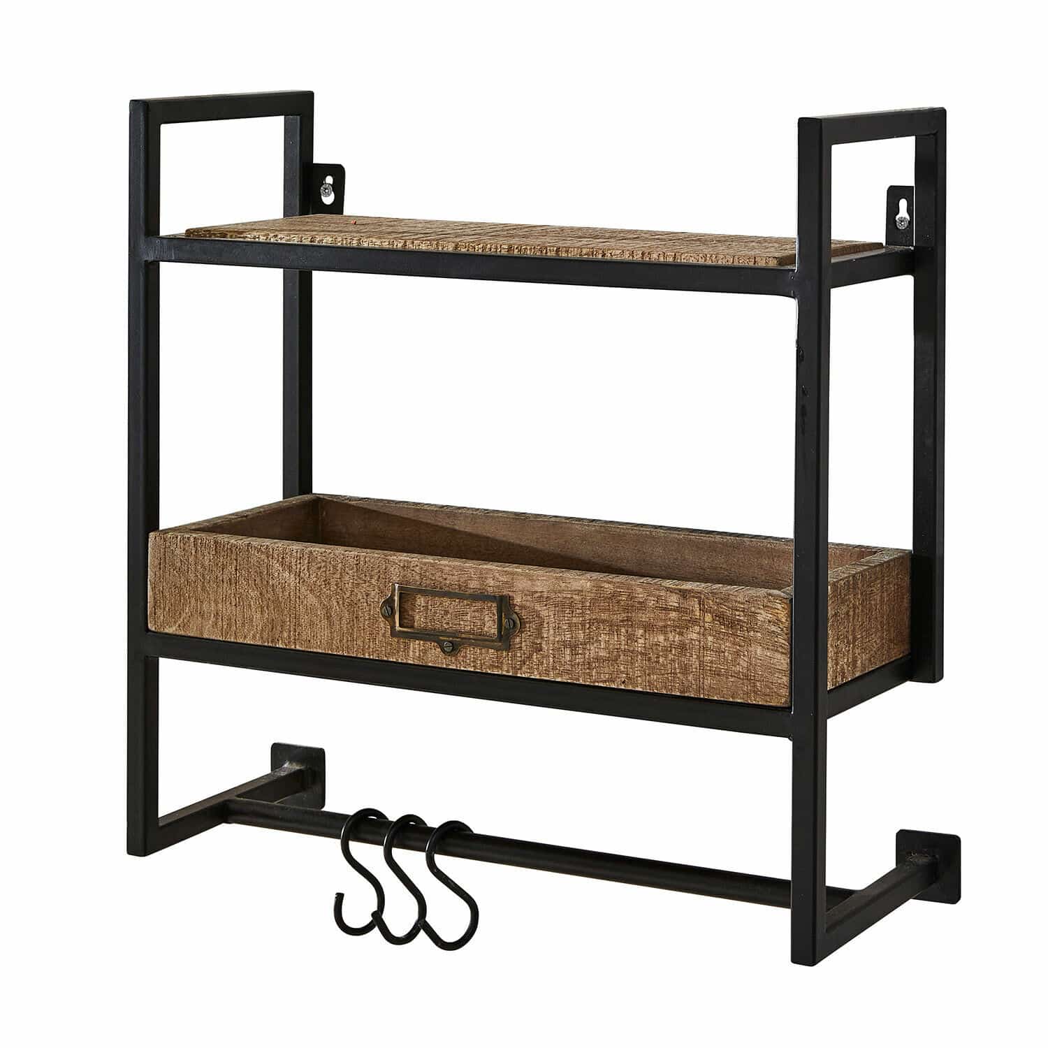 Wandrek Taylors Island Zwart metalen wandrek met houten plank en haken om accessoires aan op te hangen
