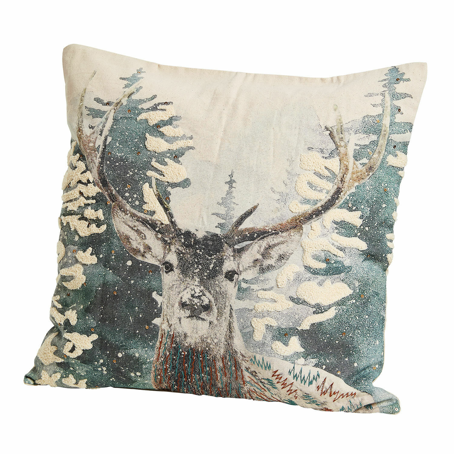 Kussenhoes Elvaris Decoratieve kussenhoes met hertenprint en winterbos in groene en beige tinten