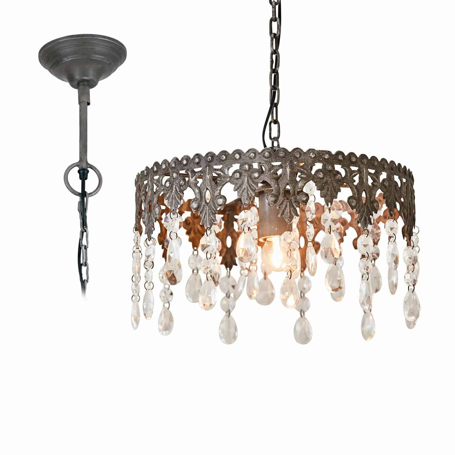 Hanglamp Escoire Hanglamp van metaal met patina en decoratieve kristallen hangers in vintage stijl
