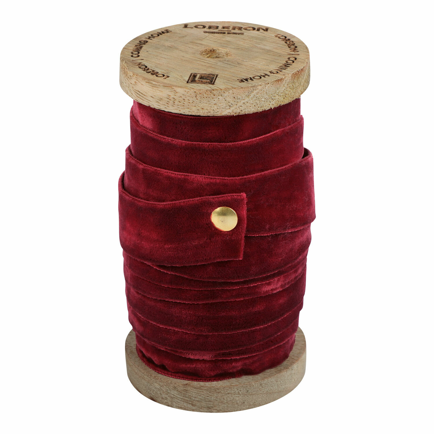 Rode fluwelen lint Andaris op houten spoel voor decoratie en knutselen