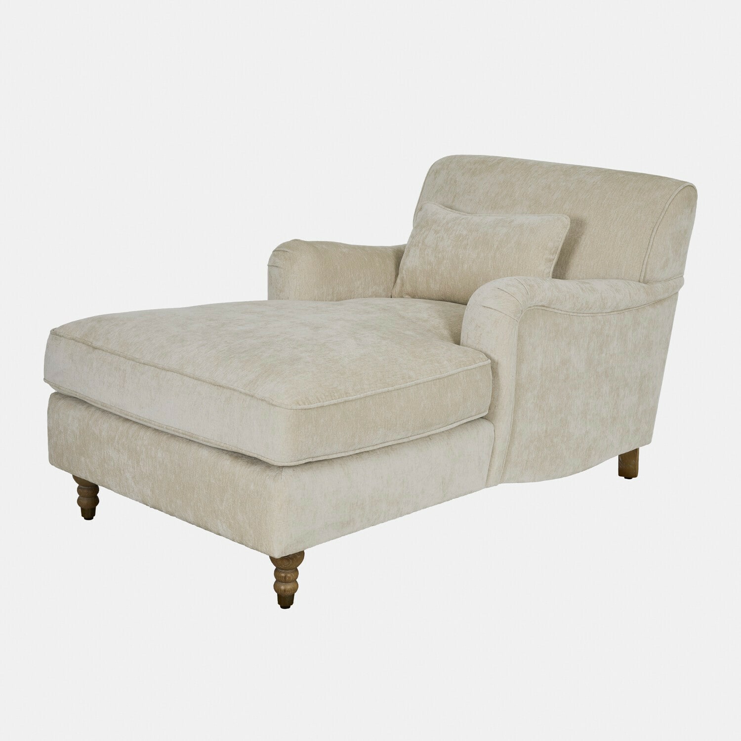 Chaise longue Isa Beige chaise longue van zachte stof met houten poten en kussen voor comfortabel lezen