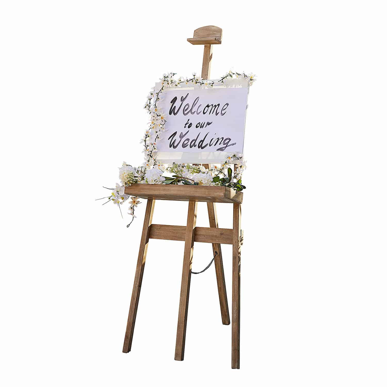 Schildersezel Handan Houten ezel met wit welkomstbord en bloemenversiering voor bruiloft