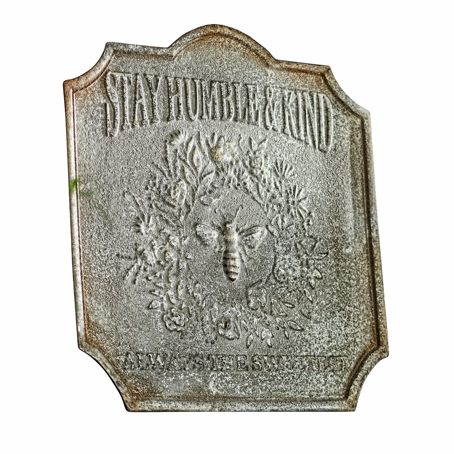 Decoboard Humble Grijs metalen decoratief bord met tekst Stay Humble & Kind en reliëf van een bij