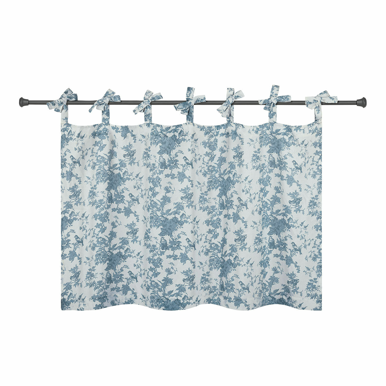 Katoenen gordijn wit met blauw bloemenpatroon en strikjes om aan de roede te hangen