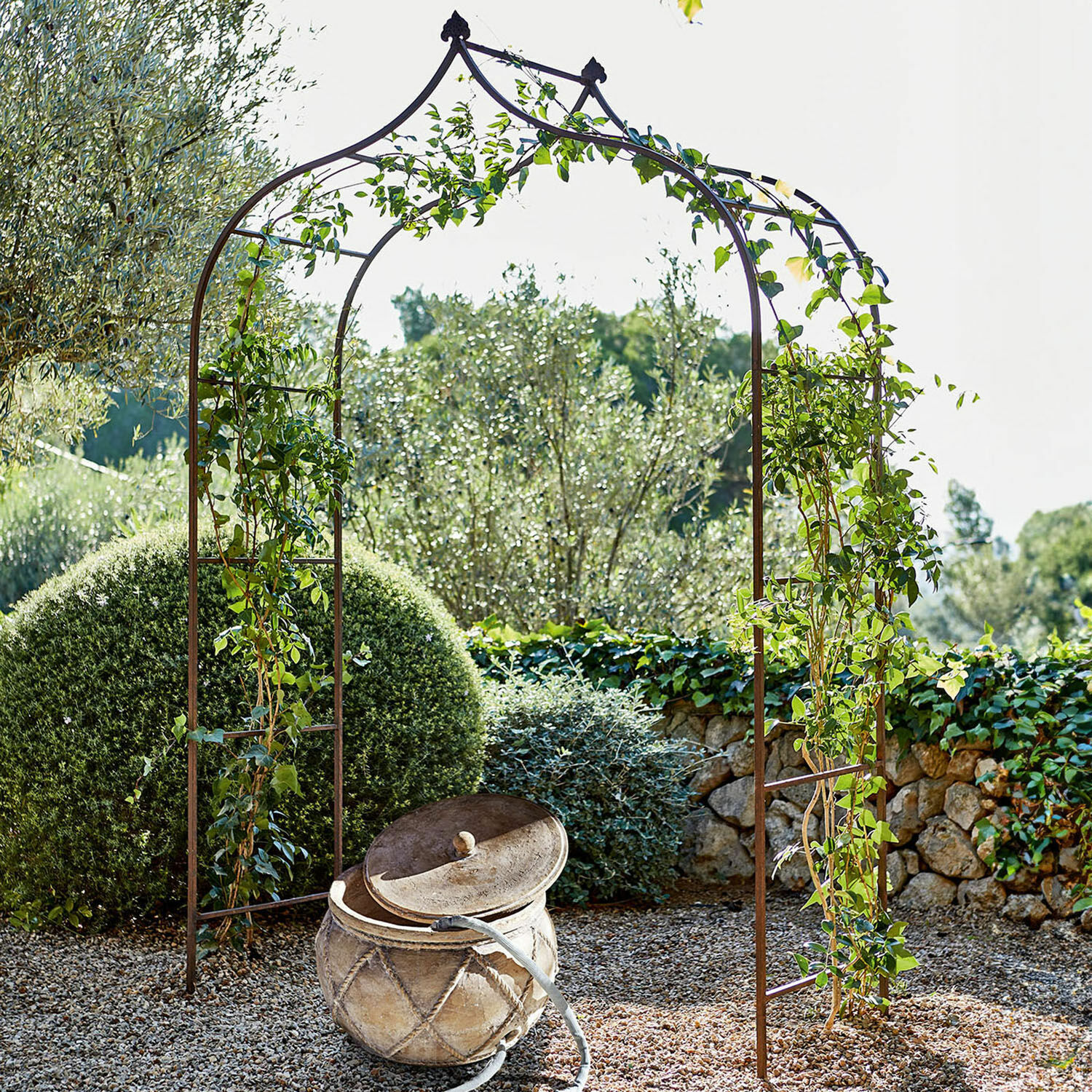 Metalen tuinboog met klimplanten voor groene struiken en stenen muur in de tuin