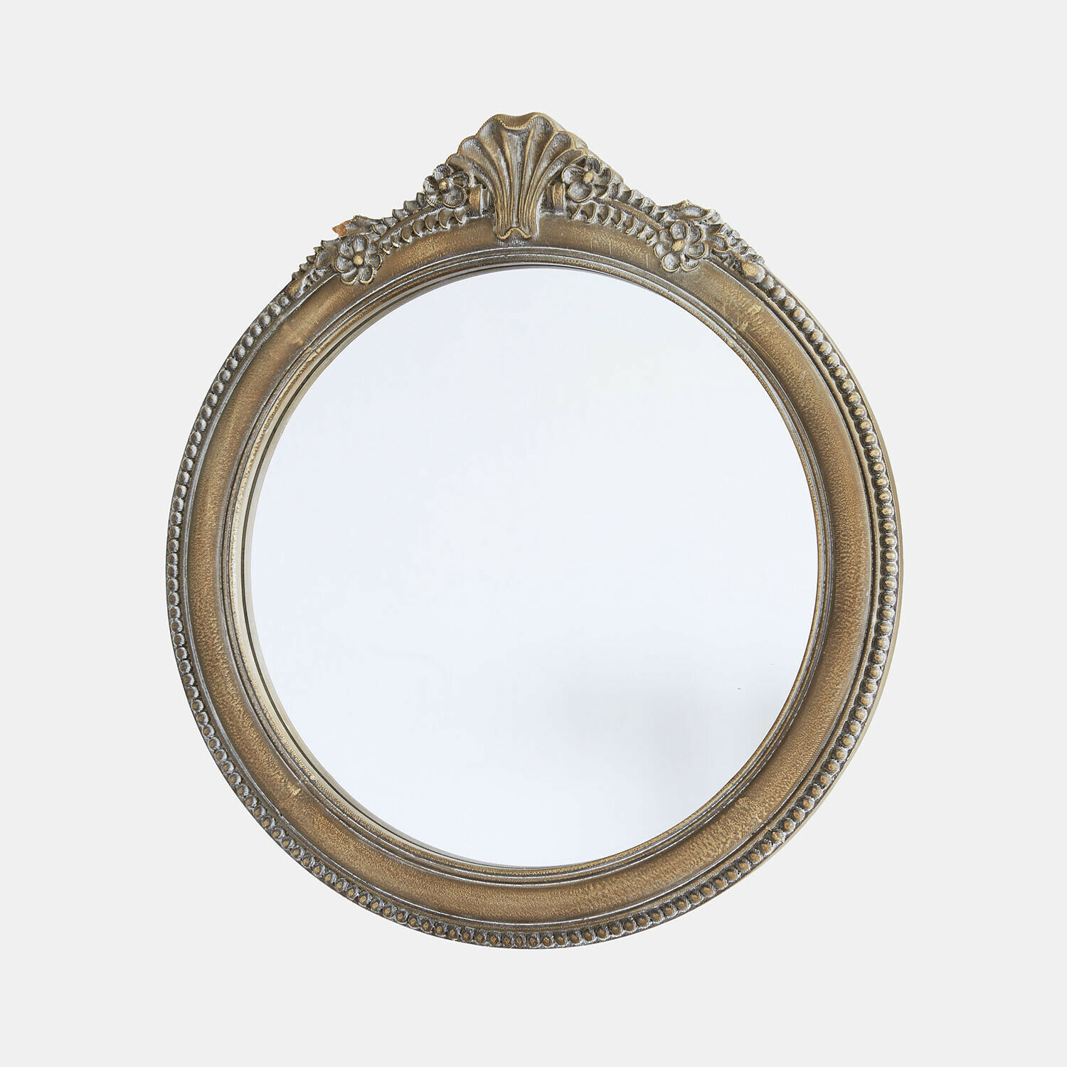 Ronde spiegel met sierlijke lijst in antiek gouden kleur en bloemmotieven, helder spiegelglas