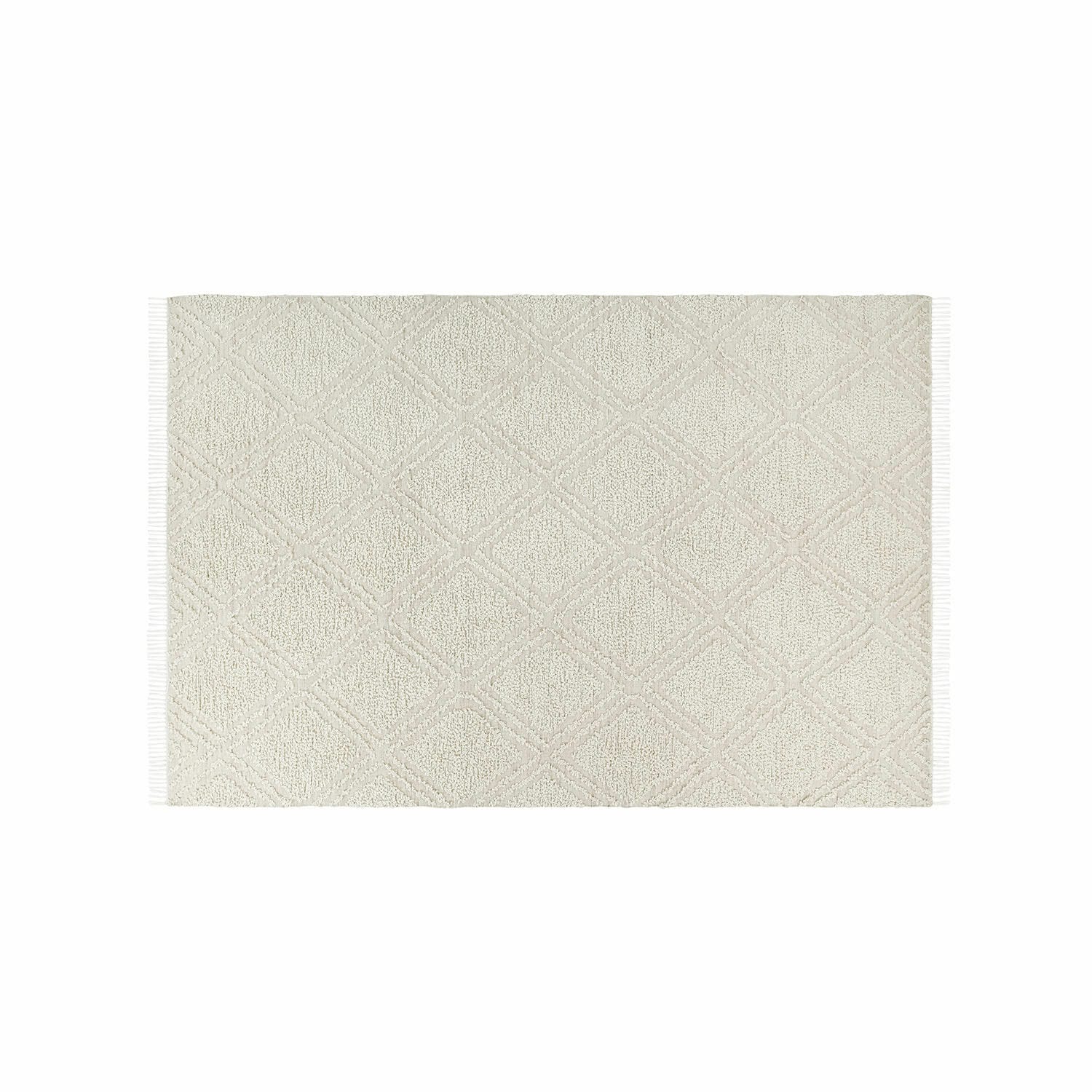 Vloerkleed voor binnen en buiten Bruand Beige katoenen vloerkleed met geometrisch patroon en franjes, zacht en decoratief