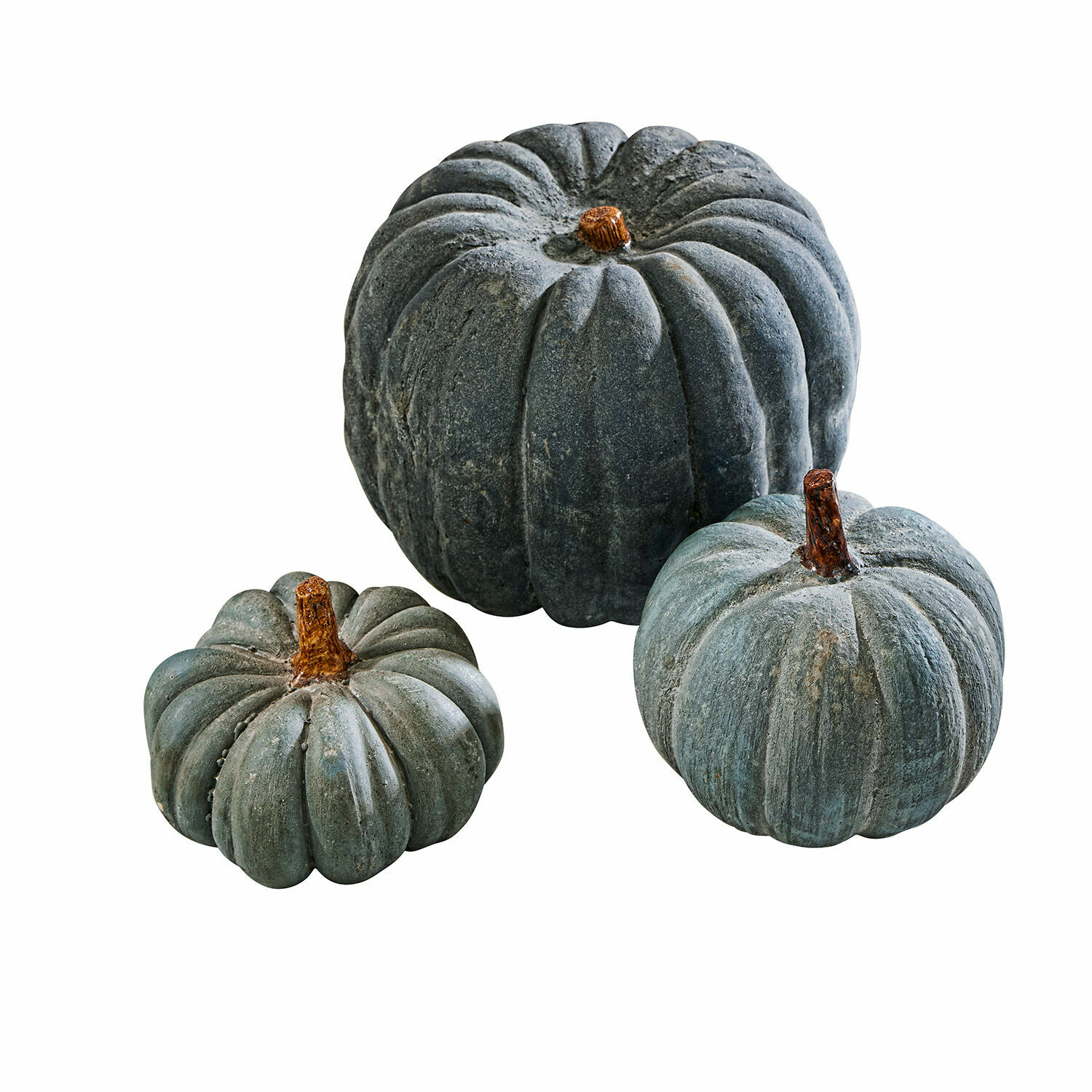 blauw Set van drie decoratieve blauwe pompoenen met natuurlijke uitstraling voor herfstdecoratie