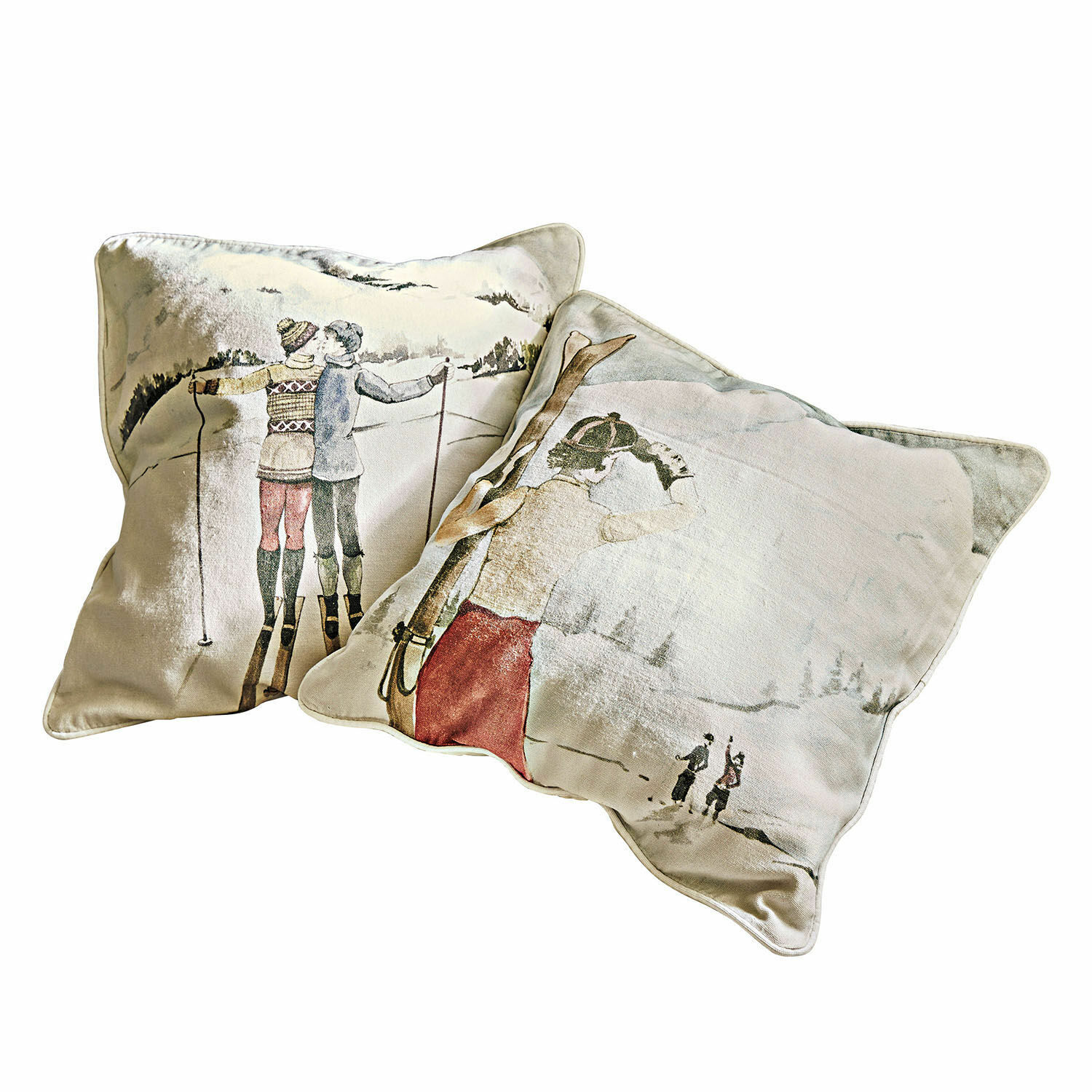 Kussenhoes set van 2 Towyn Set van twee decoratieve kussens met skiërsprint op lichte stof, woontextiel