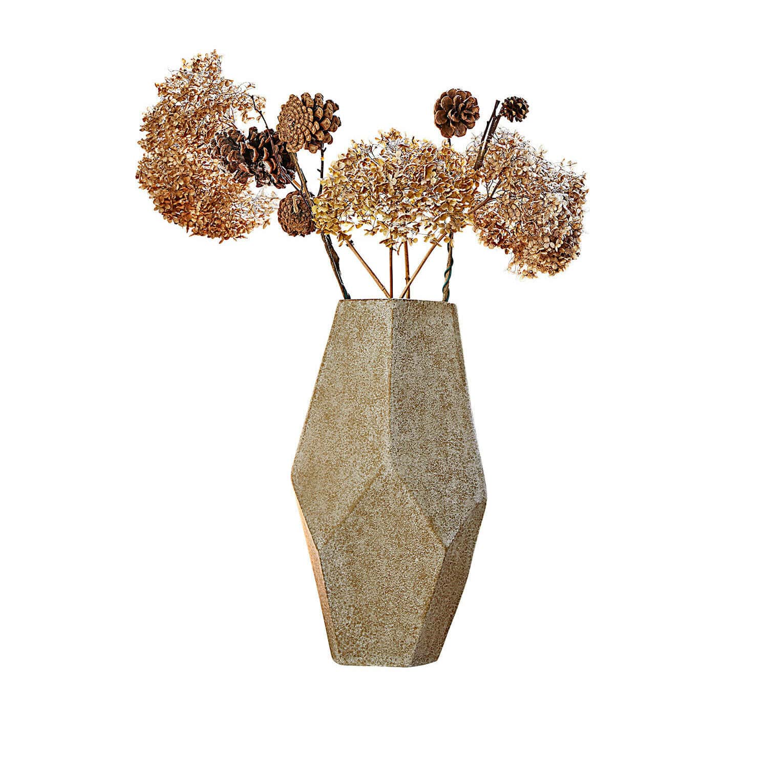 Decoratieve vaas Kasari Geometrische vaas van beige steen met gedroogde bloemen en dennenappels voor interieurdecoratie