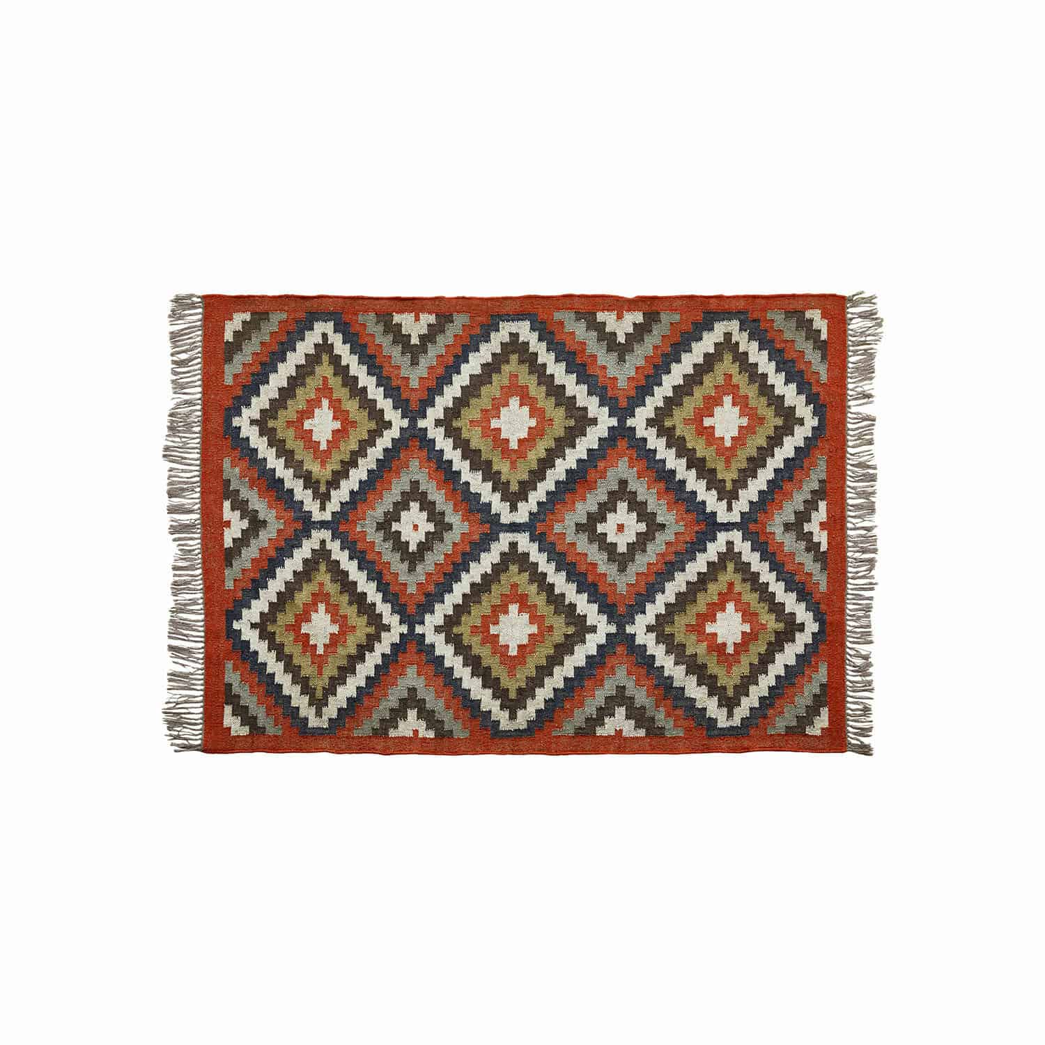 Vloerkleed Dailies Geweven vloerkleed met geometrisch patroon in rood, groen en grijs met franjes, decoratief.
