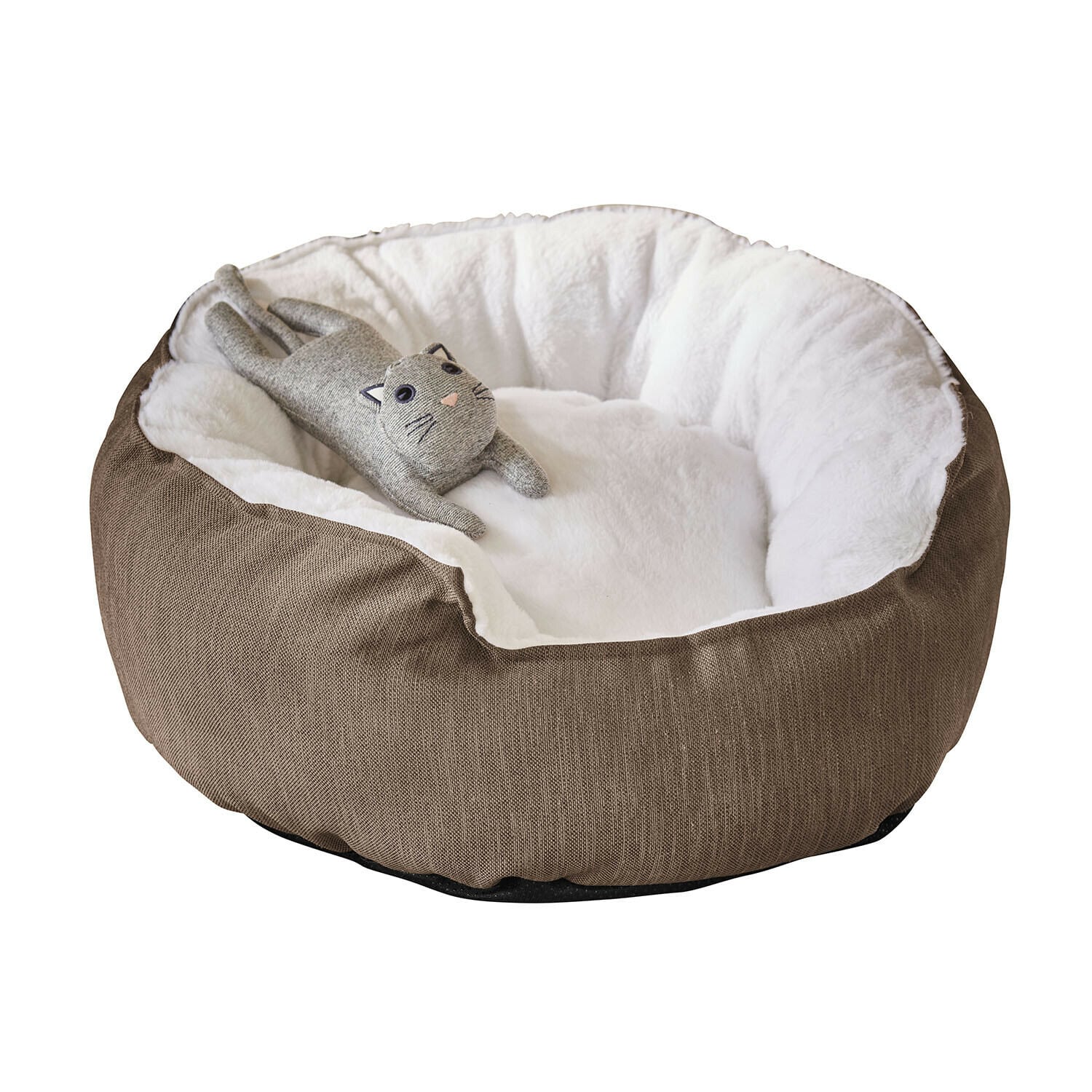 Huisdierenmand Camérelle Bruin dierenbed met wit zacht interieur en grijs stoffen kattenknuffel