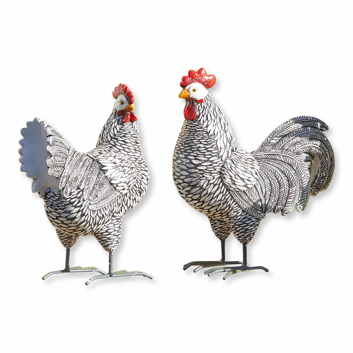 Decoratieve kip set van 2 Mannis Decoratieve metalen beelden van haan en hen in zwart-wit met rode kammen, landelijke decoratie