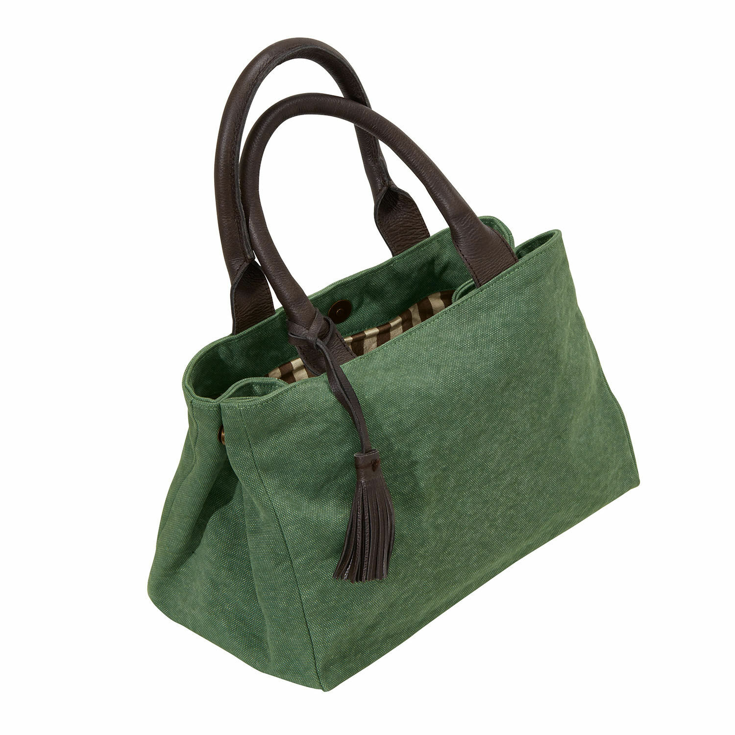 Tas Hoya Groene stoffen tas met bruine leren handvatten en kwastje, modieuze dagelijkse accessoire
