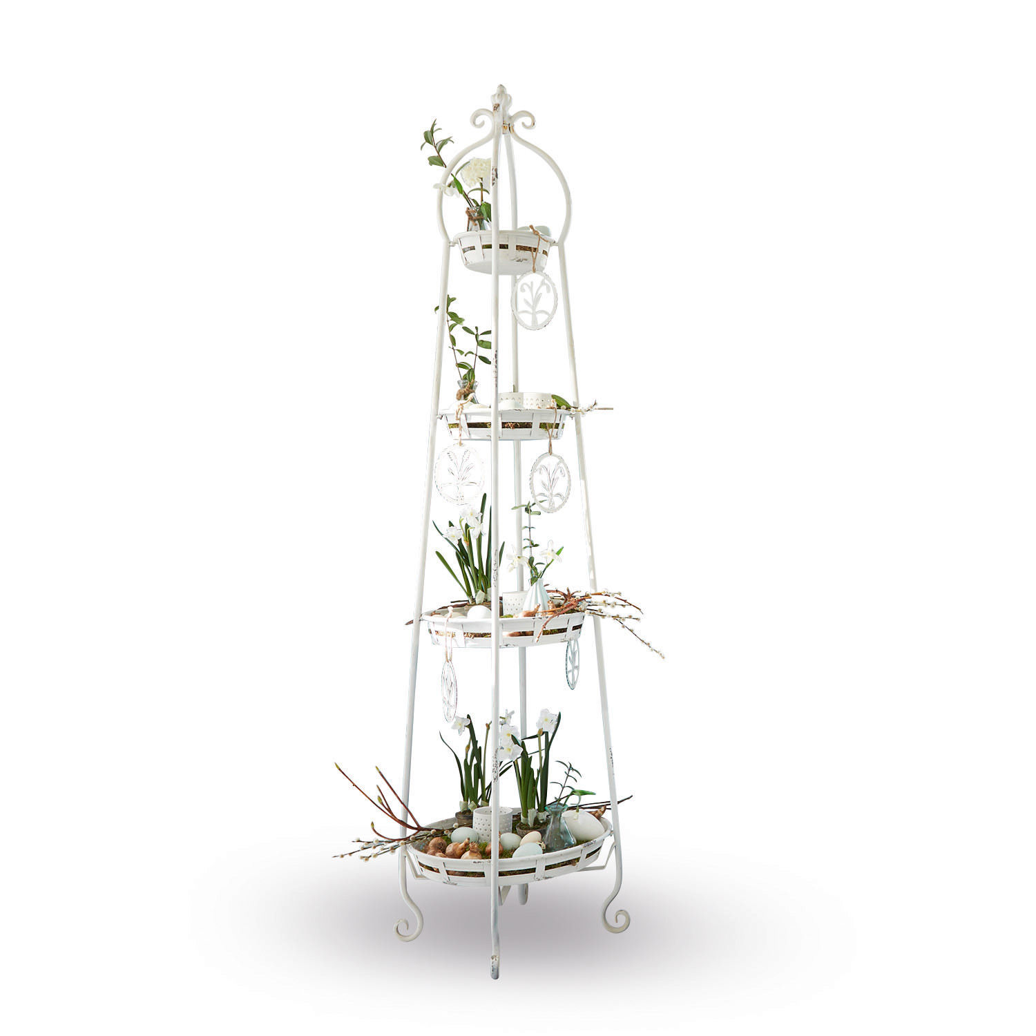 Etagère Ipas Witte metalen tuinstandaard met drie planken en bloemendecoraties voor binnen en buiten