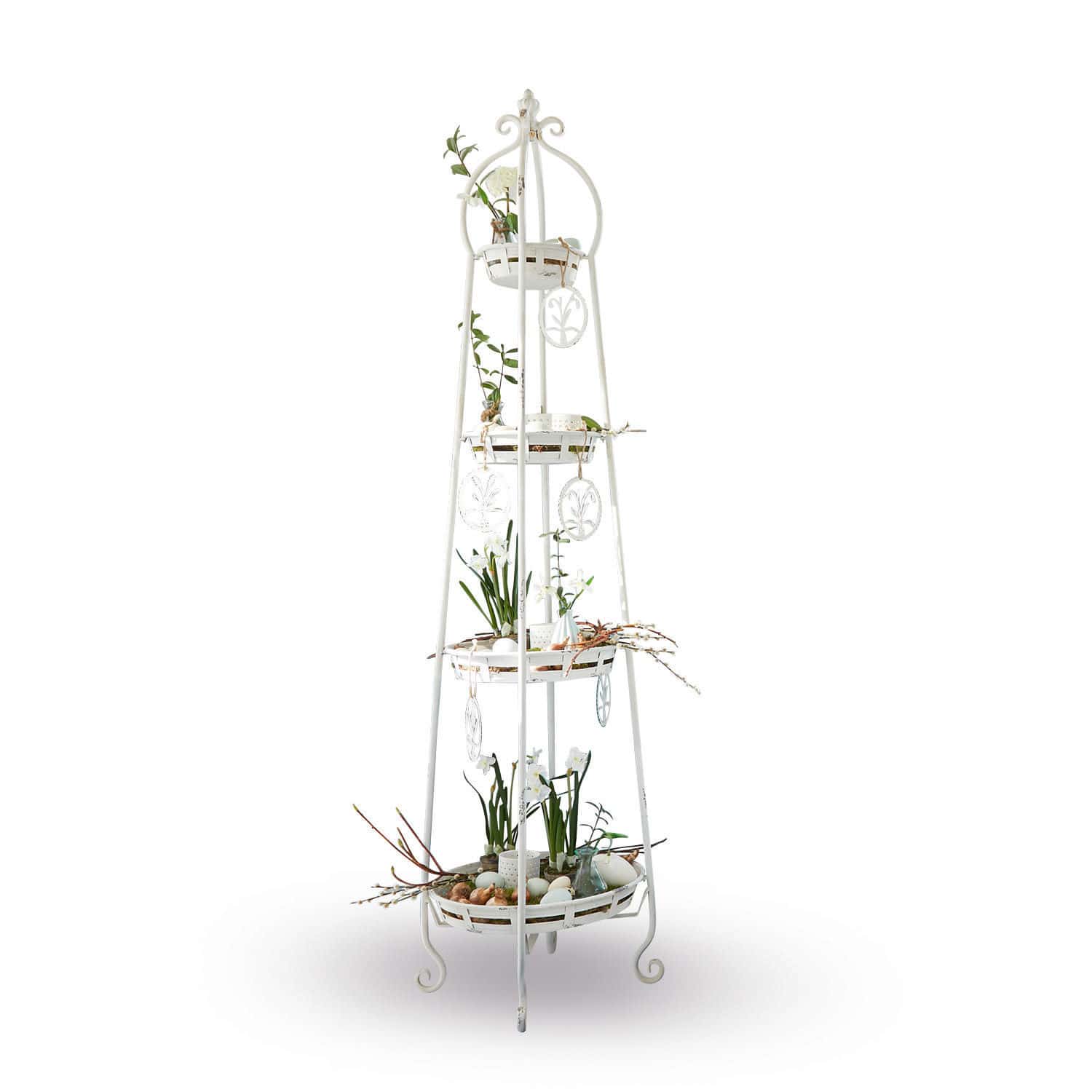 Etagère Ipas Witte metalen tuinstandaard met drie planken en bloemendecoraties voor binnen en buiten