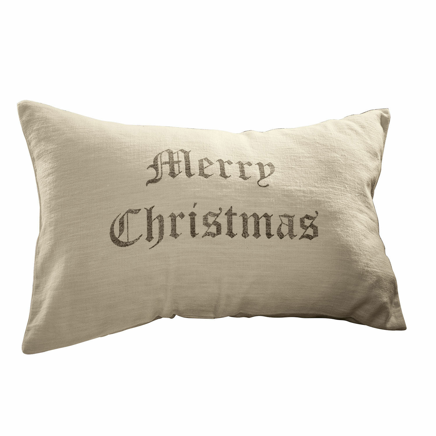 Beige linnen sierkussen met tekst Merry Christmas voor kerstdecoratie in huis