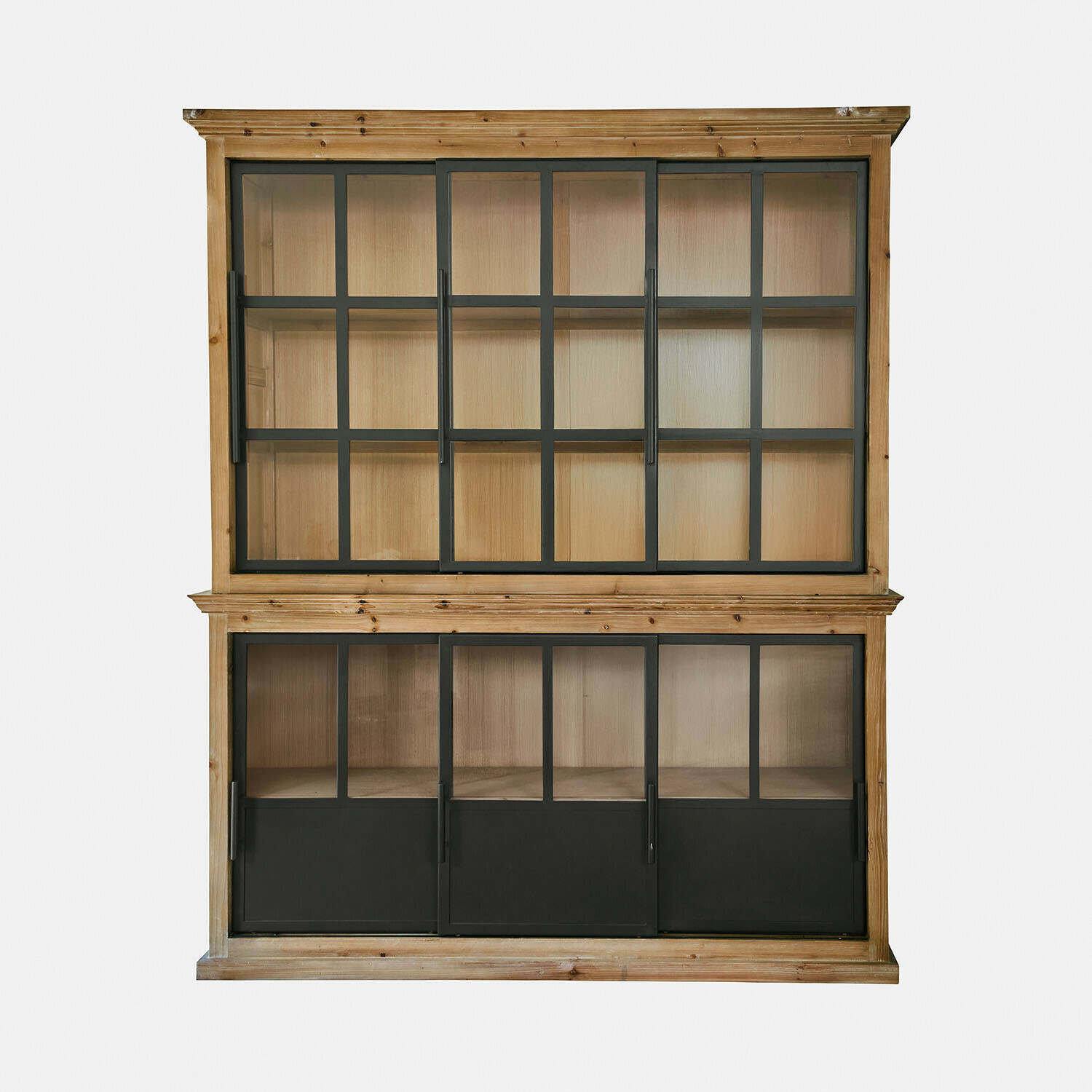 Houten vitrinekast met zwarte metalen deuren en glas, industriële stijl, praktisch woonkamermeubel