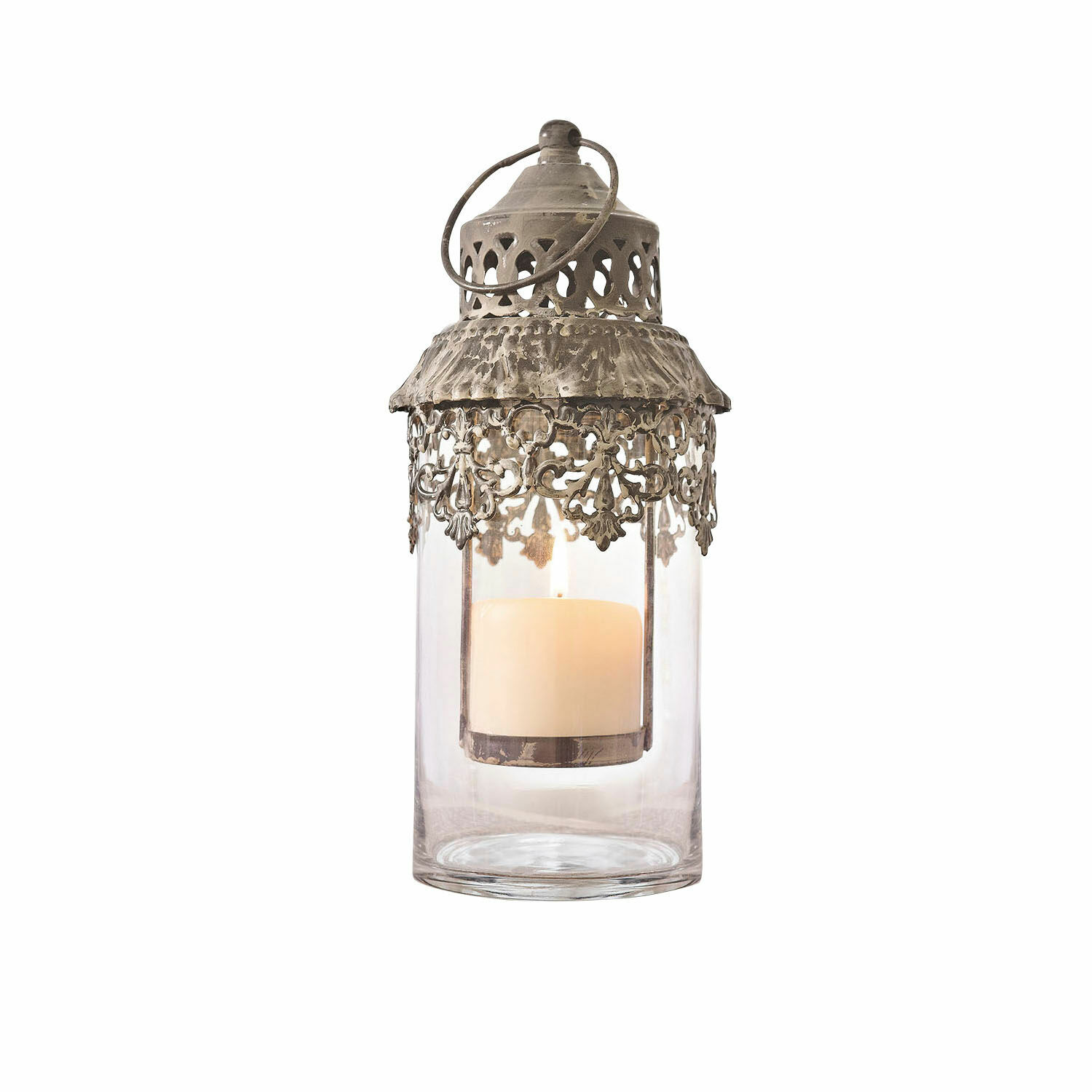 Lantaarn Lumio Metalen lantaarn met decoratief patroon en helder glas met witte kaars voor interieurdecoratie