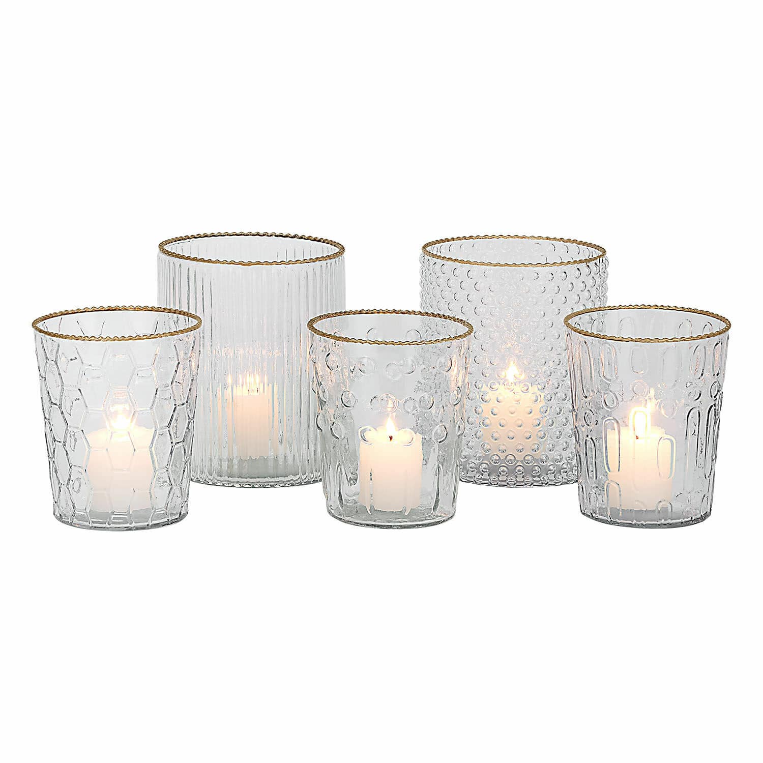 Windlicht set van 5 Rosienne Set van 5 glazen theelichthouders met gouden rand en diverse glasstructuren voor sfeervolle decoratie
