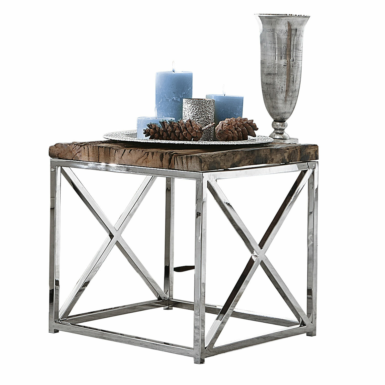 Vierkante tafel met houten blad en metalen frame in industriële stijl voor de woonkamer