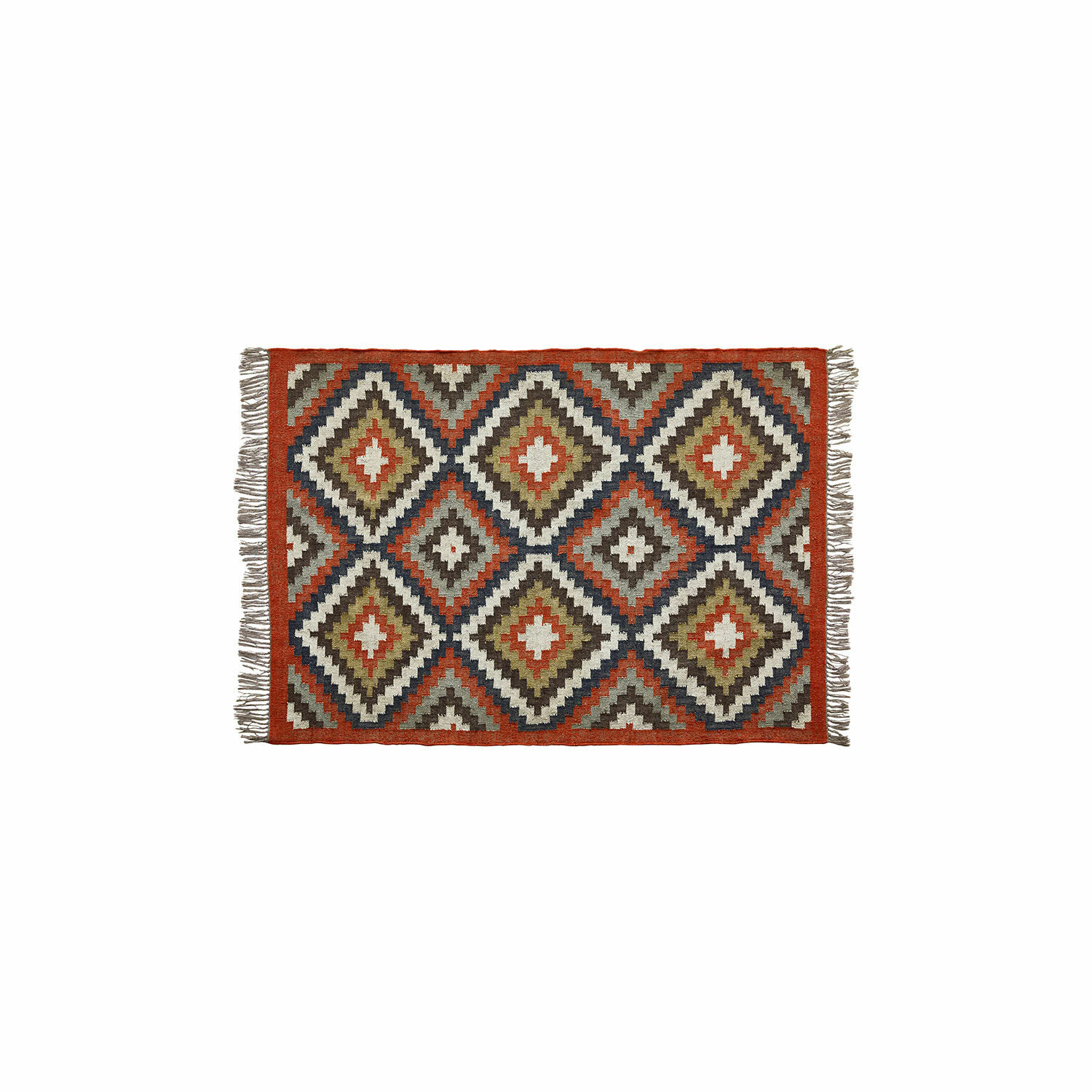 Vloerkleed met geometrisch patroon in rood, groen en beige met franjes aan de zijkanten