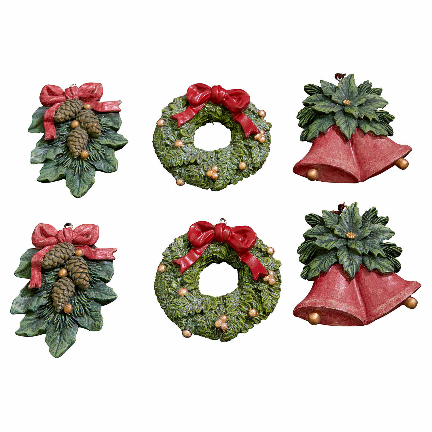 Hanger set van 6 Sarivena Set kerstdecoraties met groene bladeren, rode strikken en dennenappels voor huisdecoratie