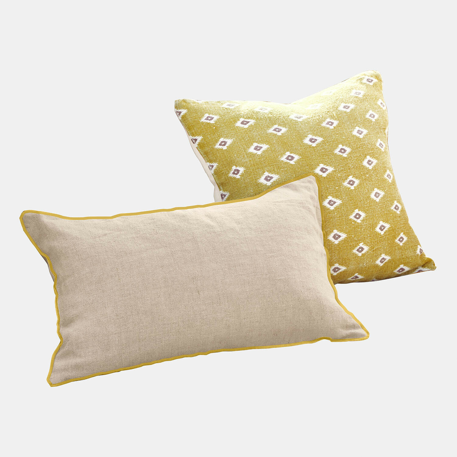 Set van twee decoratieve kussens van katoen en linnen in geel- en beige tinten voor woonkamer