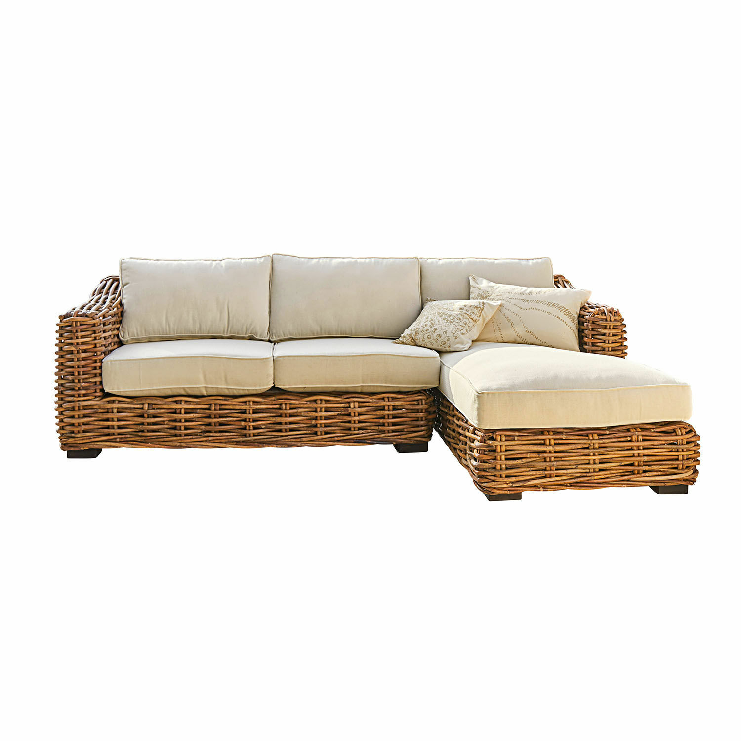 crème/bruin Villedieu bank van bruin rattan met crèmekleurige kussens, comfortabele zitmeubel
