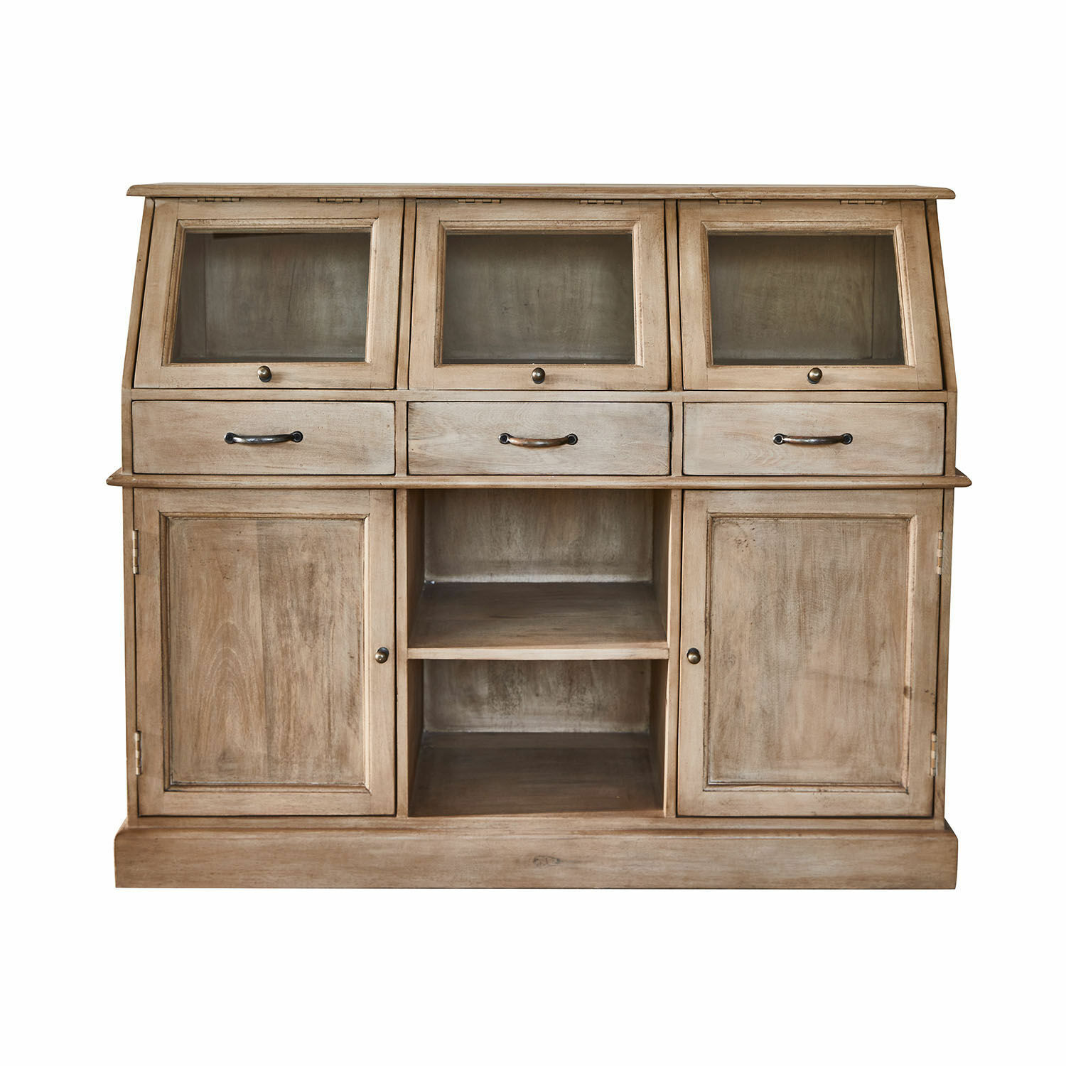 Kommode Bolqure van bruin hout met lades en glazen deuren voor praktische opbergruimte