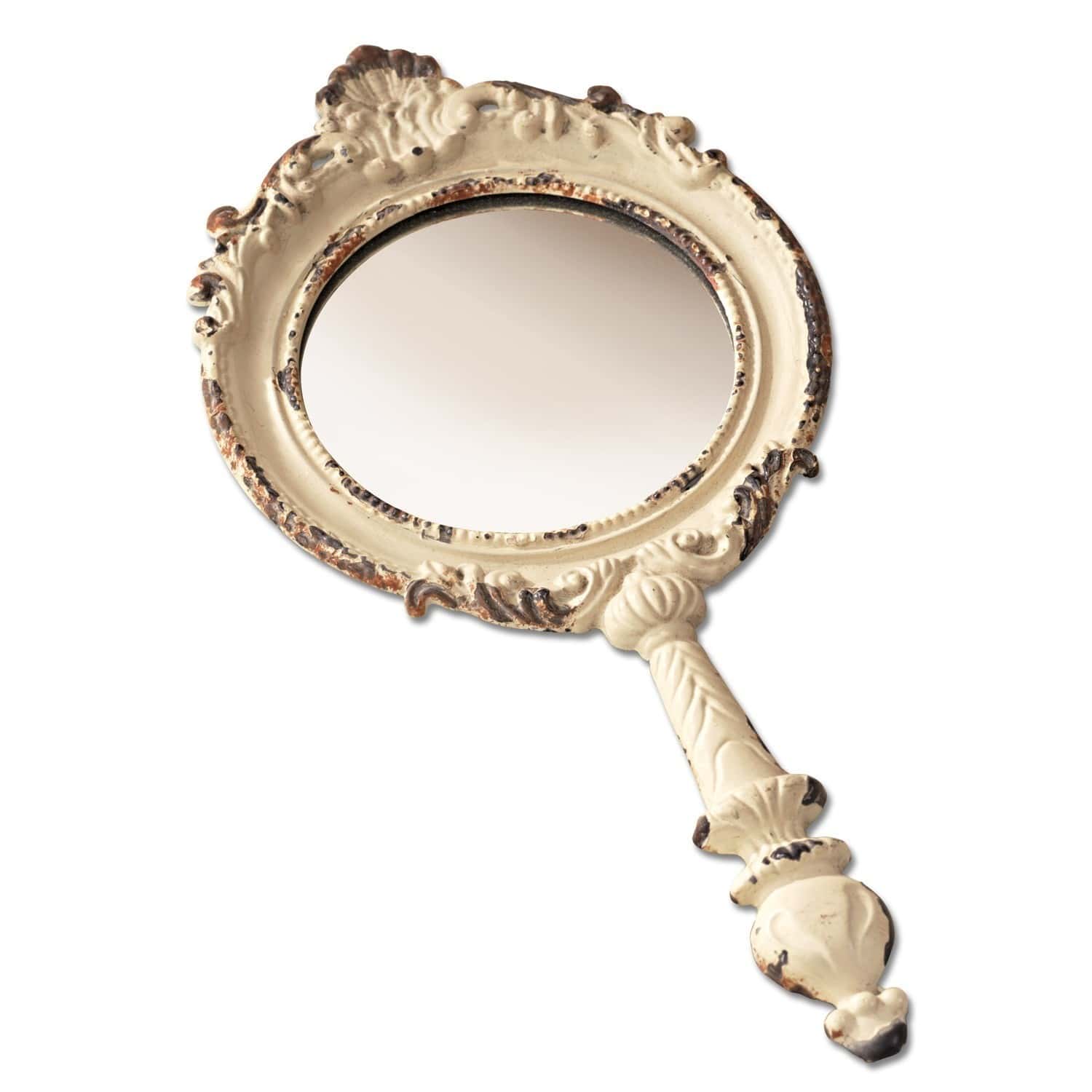 antiekwit Handspiegel Empur crème met versierde metalen lijst in vintage stijl, woondecoratie
