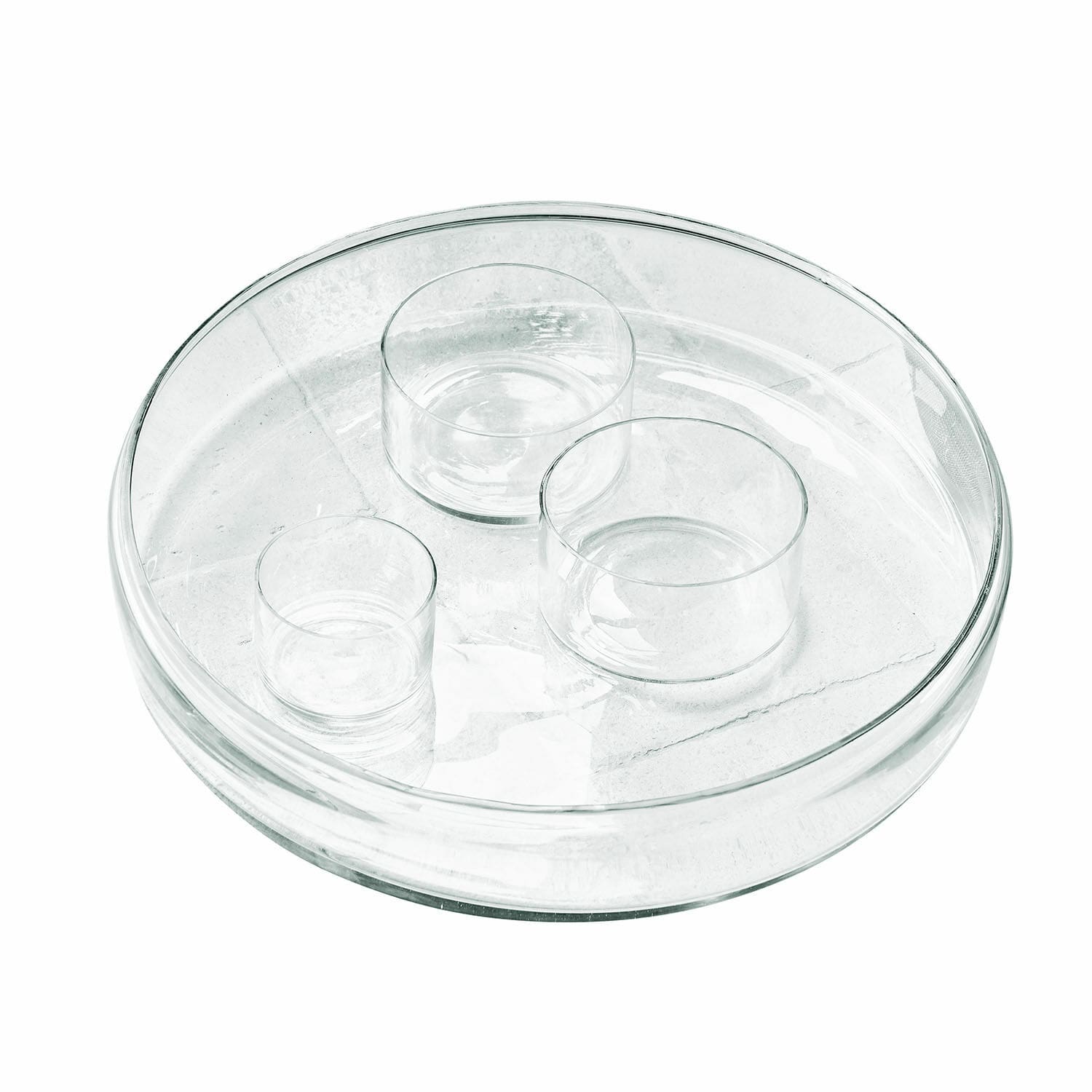 Kaarsenplateau Marton Transparante glazen schaal met drie kleine glazen bakjes voor decoratie en serveren