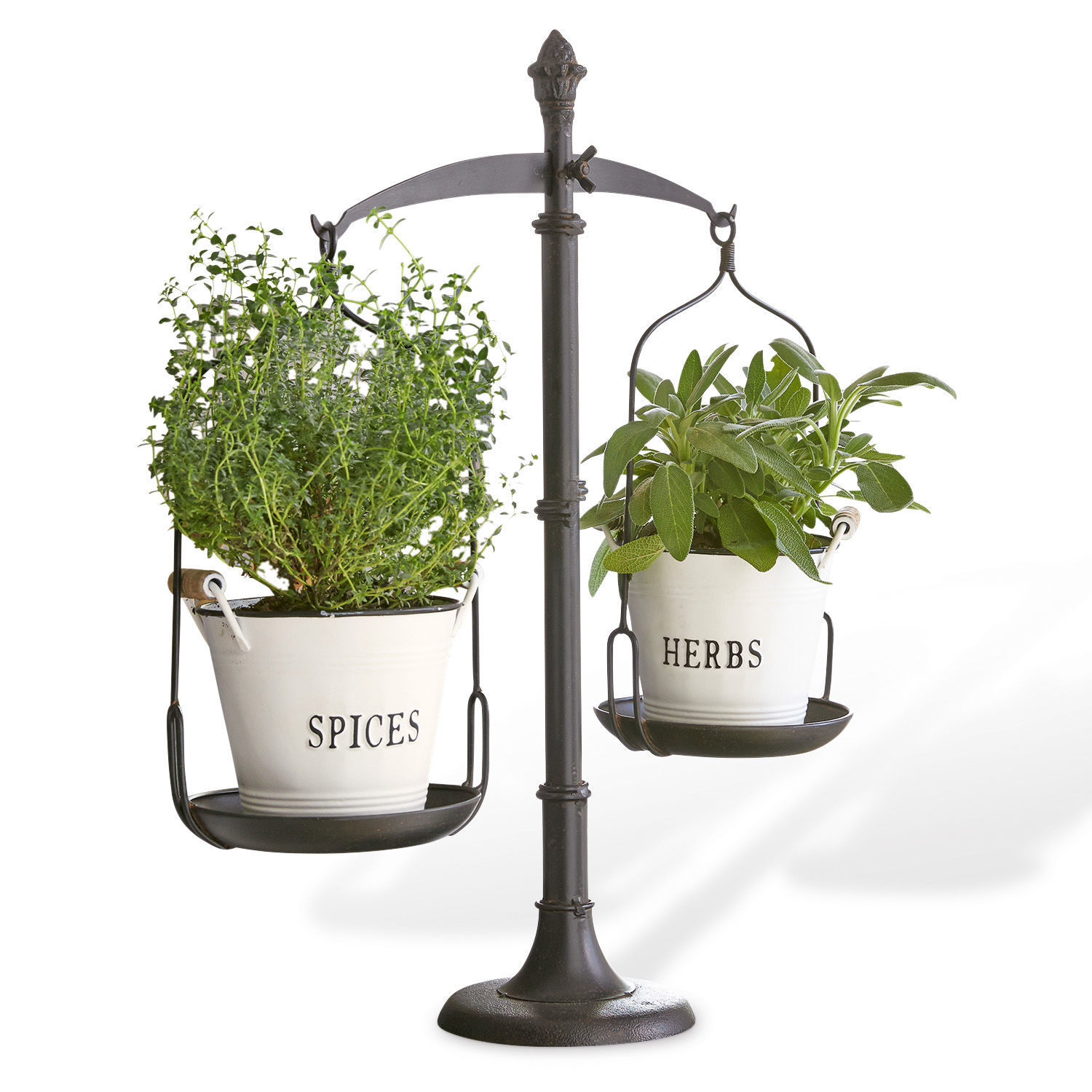 Sierweegschaal Tynne Zwarte metalen weegschaal met twee witte potten voor kruiden en specerijen met groene planten
