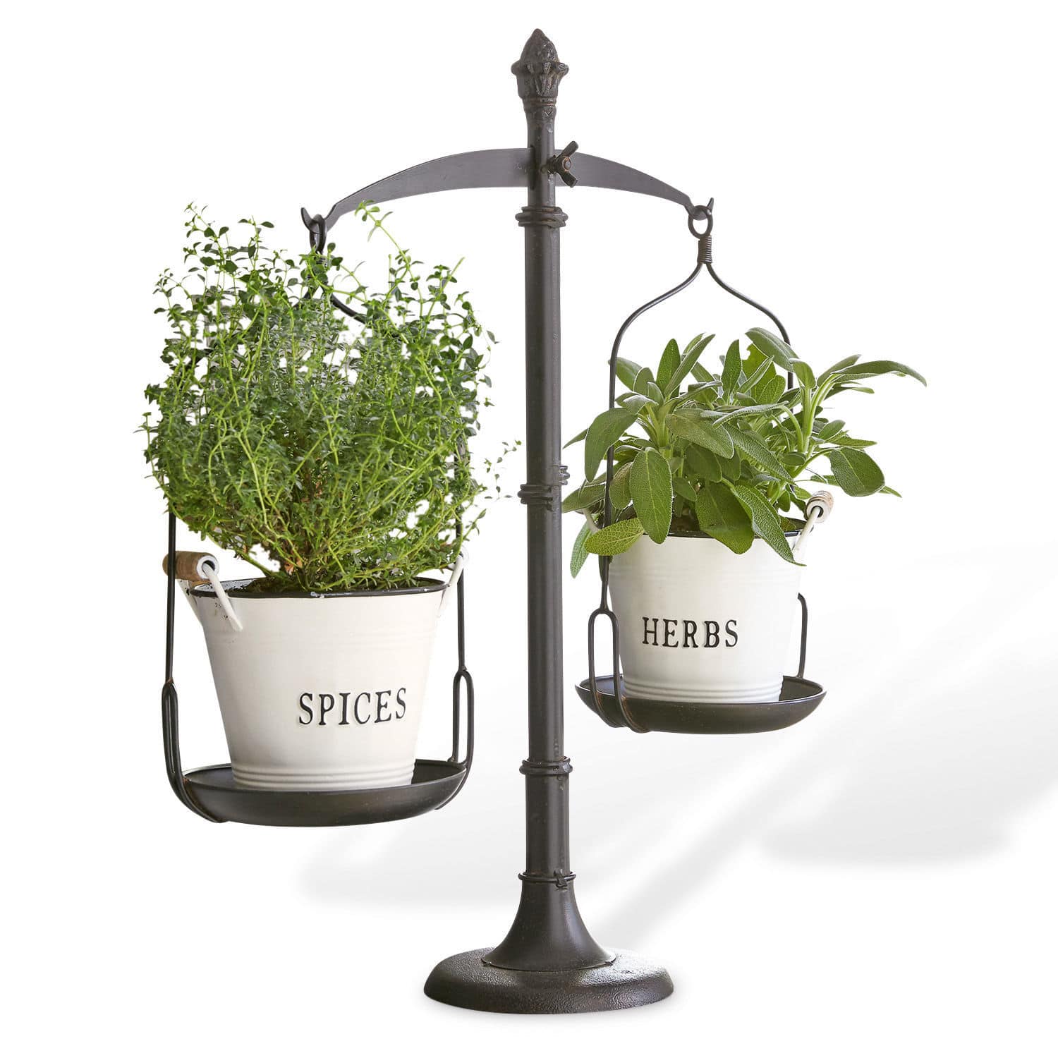 Sierweegschaal Tynne Zwarte metalen weegschaal met twee witte potten voor kruiden en specerijen met groene planten