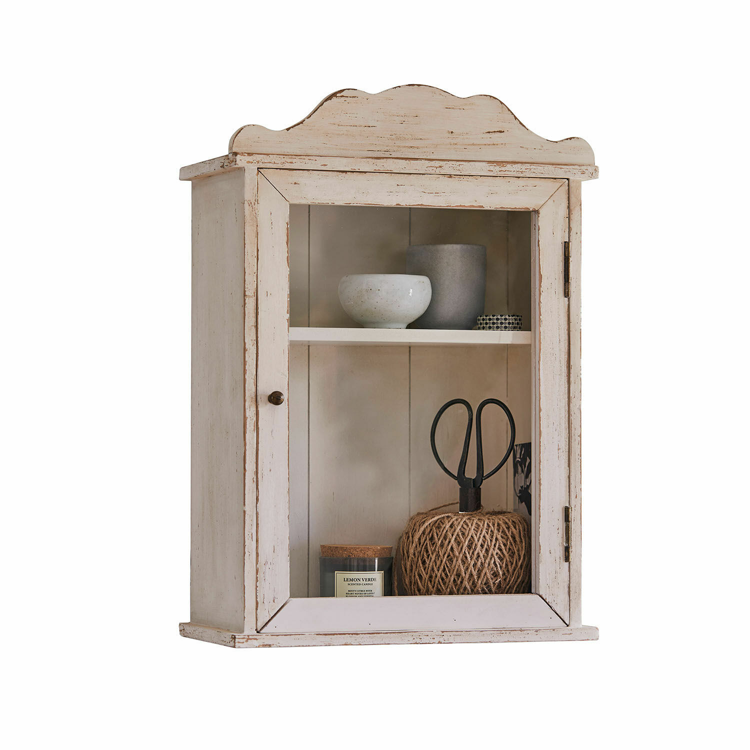 Wandkastje Sandrine Rustieke witte houten wandkast met glazen deur en binnenplank voor decoratie
